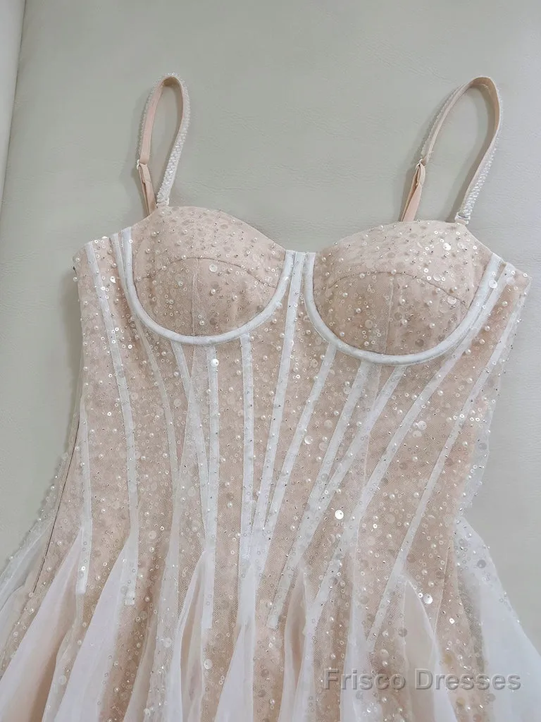 A-Line Sweetheart Neck Tulle Sequin Champagne Short Prom Dress, Cute Homecoming Dress