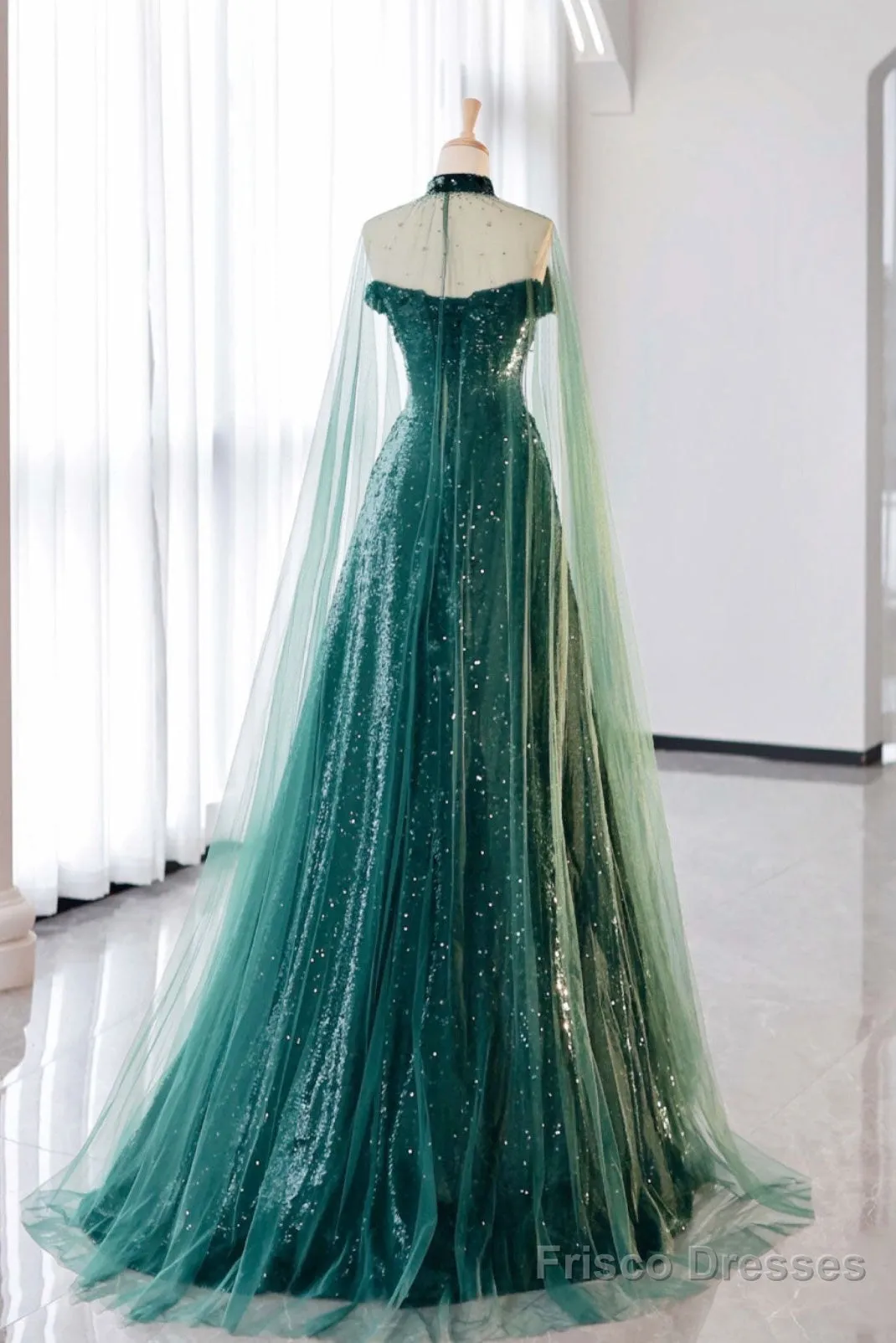 A-Line Tulle Sequin Green Long Prom Dress, Green Formal Evening  Dress