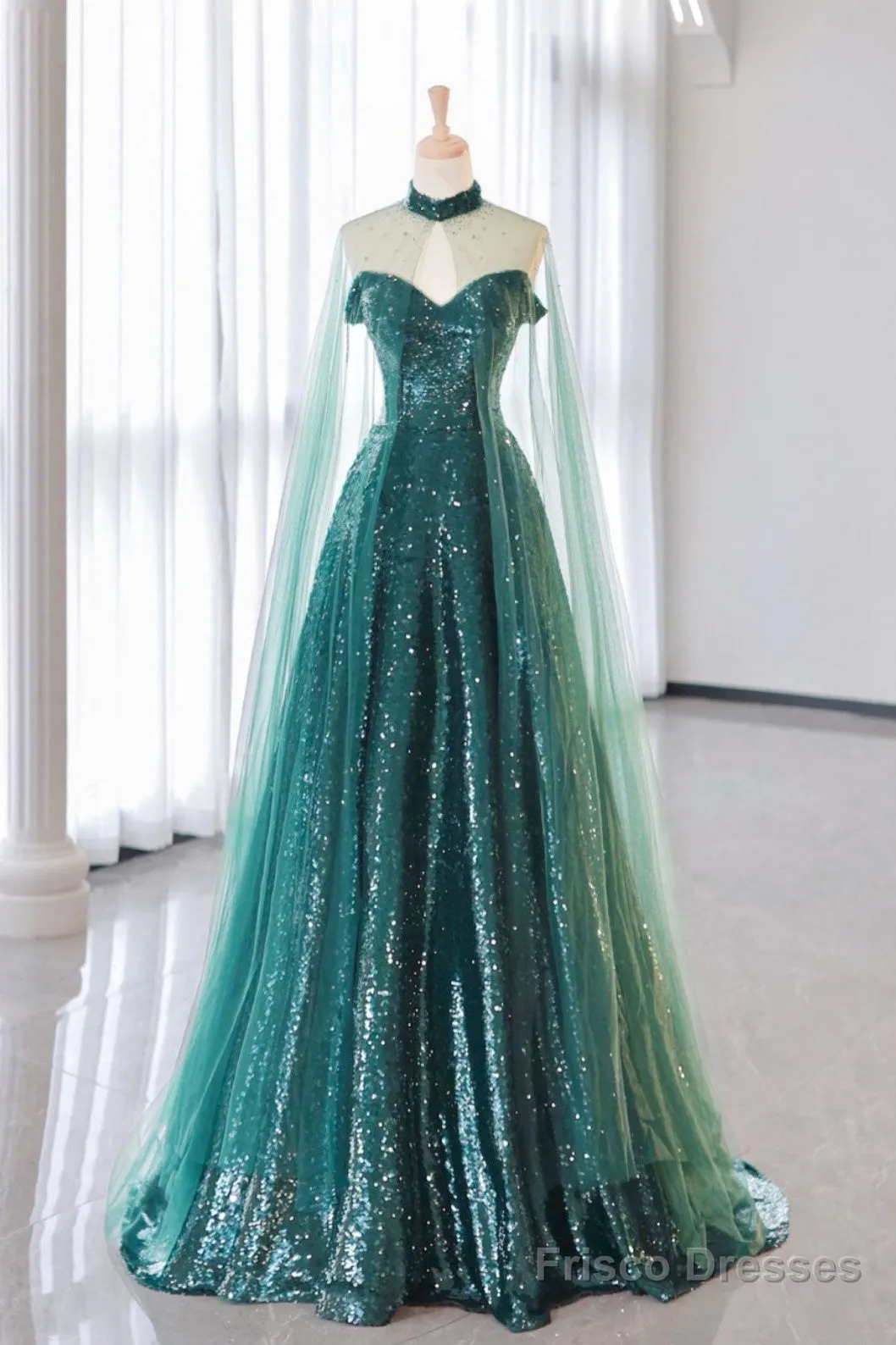 A-Line Tulle Sequin Green Long Prom Dress, Green Formal Evening  Dress