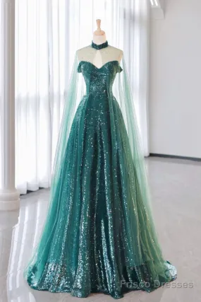 A-Line Tulle Sequin Green Long Prom Dress, Green Formal Evening  Dress