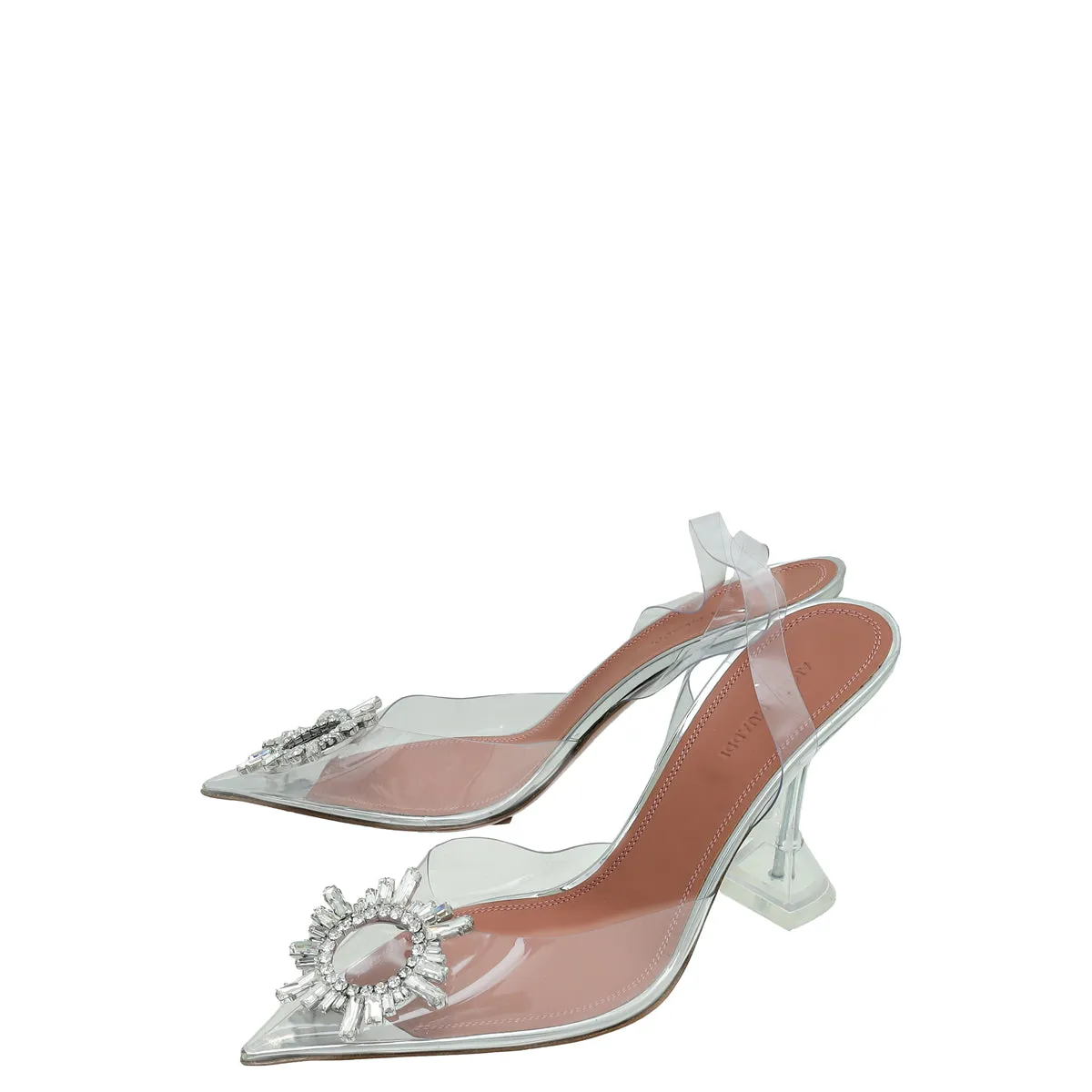 Amina Muaddi White Transparent PVC Crystal Begum Slingback Pumps 39