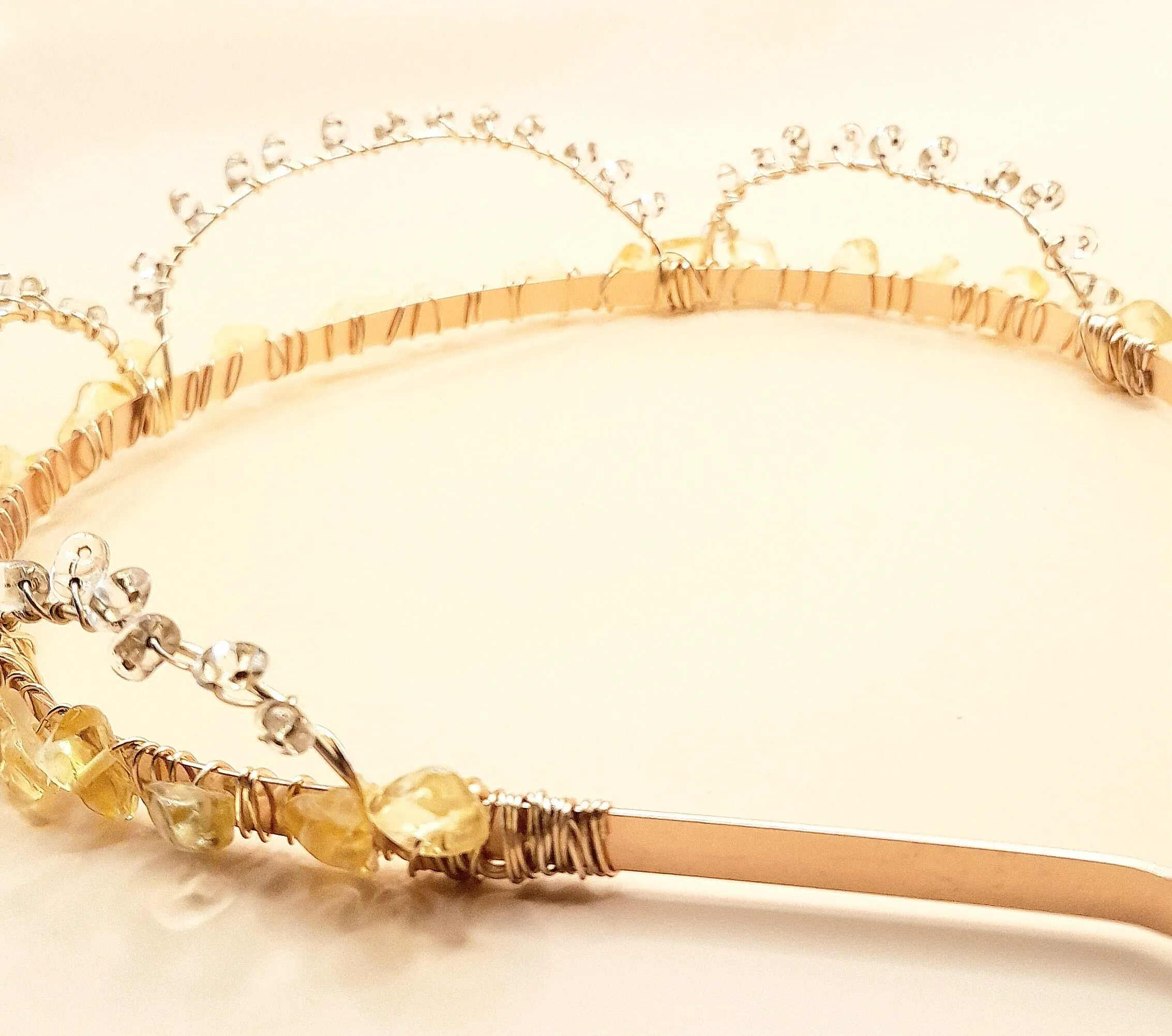 Anastasia- Citrine lined base with Czech glass Beads Gold Hand wired Headband