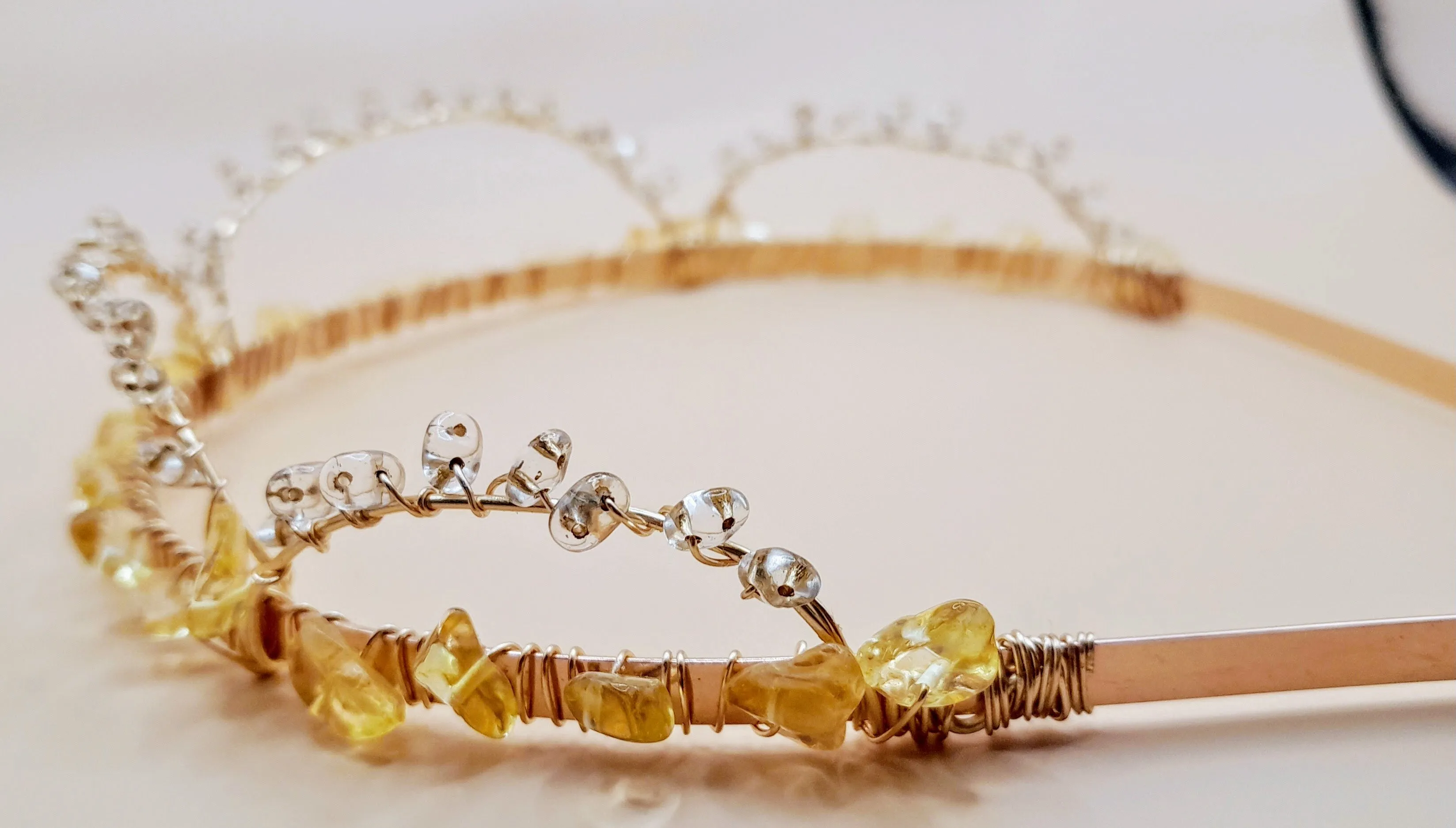 Anastasia- Citrine lined base with Czech glass Beads Gold Hand wired Headband