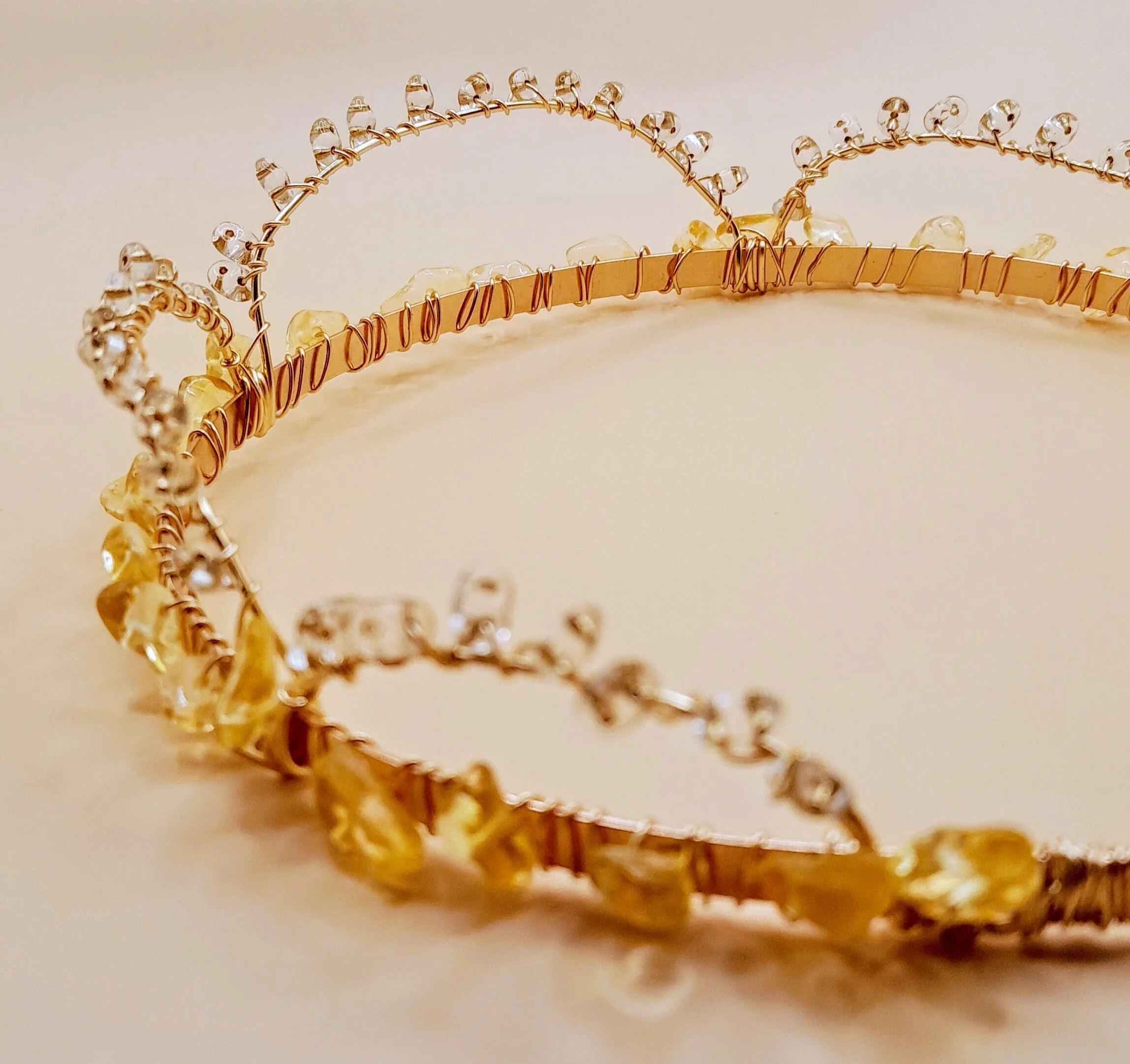 Anastasia- Citrine lined base with Czech glass Beads Gold Hand wired Headband