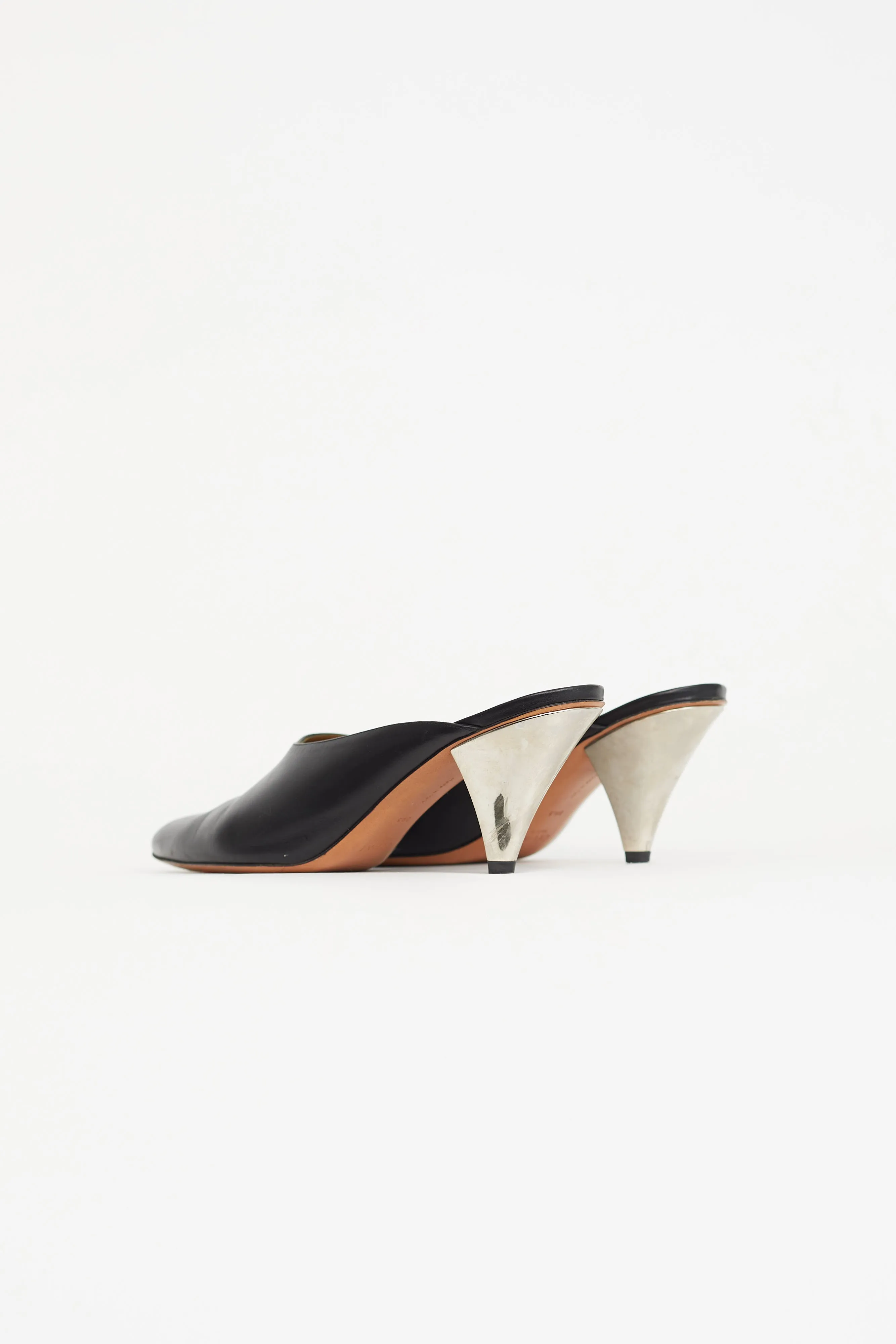 Black Leather Pointed Toe Heeled Mule