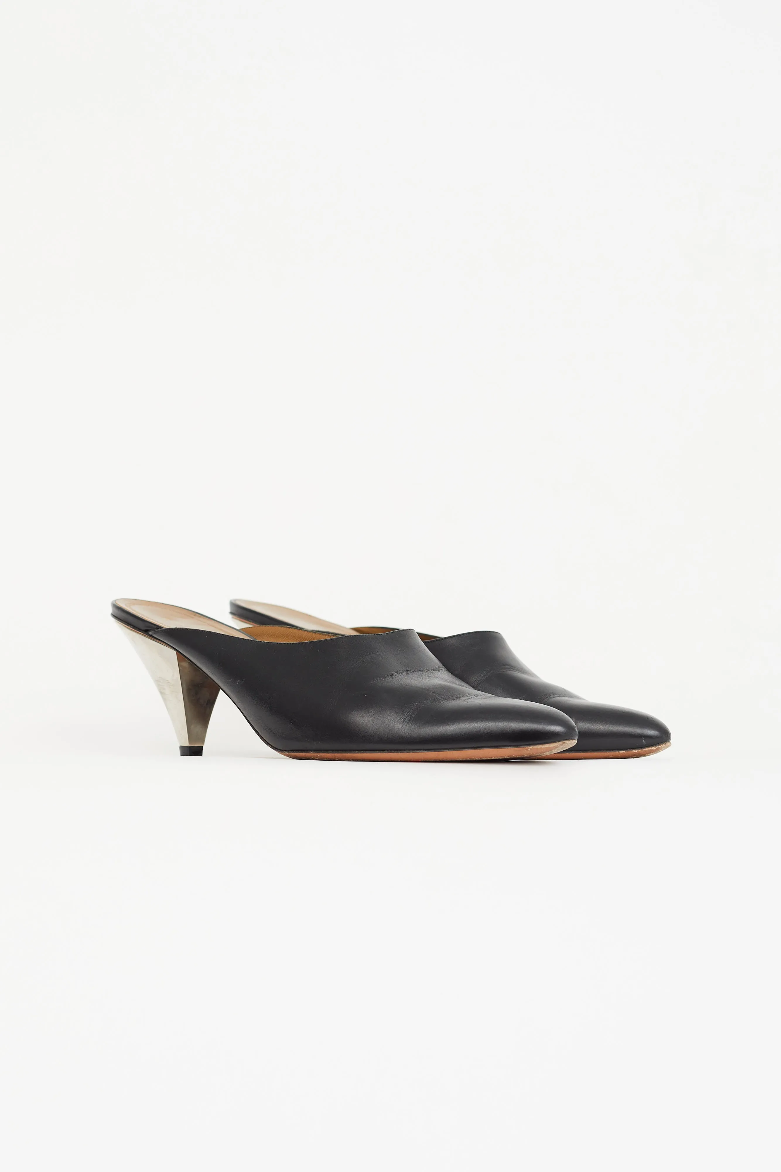 Black Leather Pointed Toe Heeled Mule