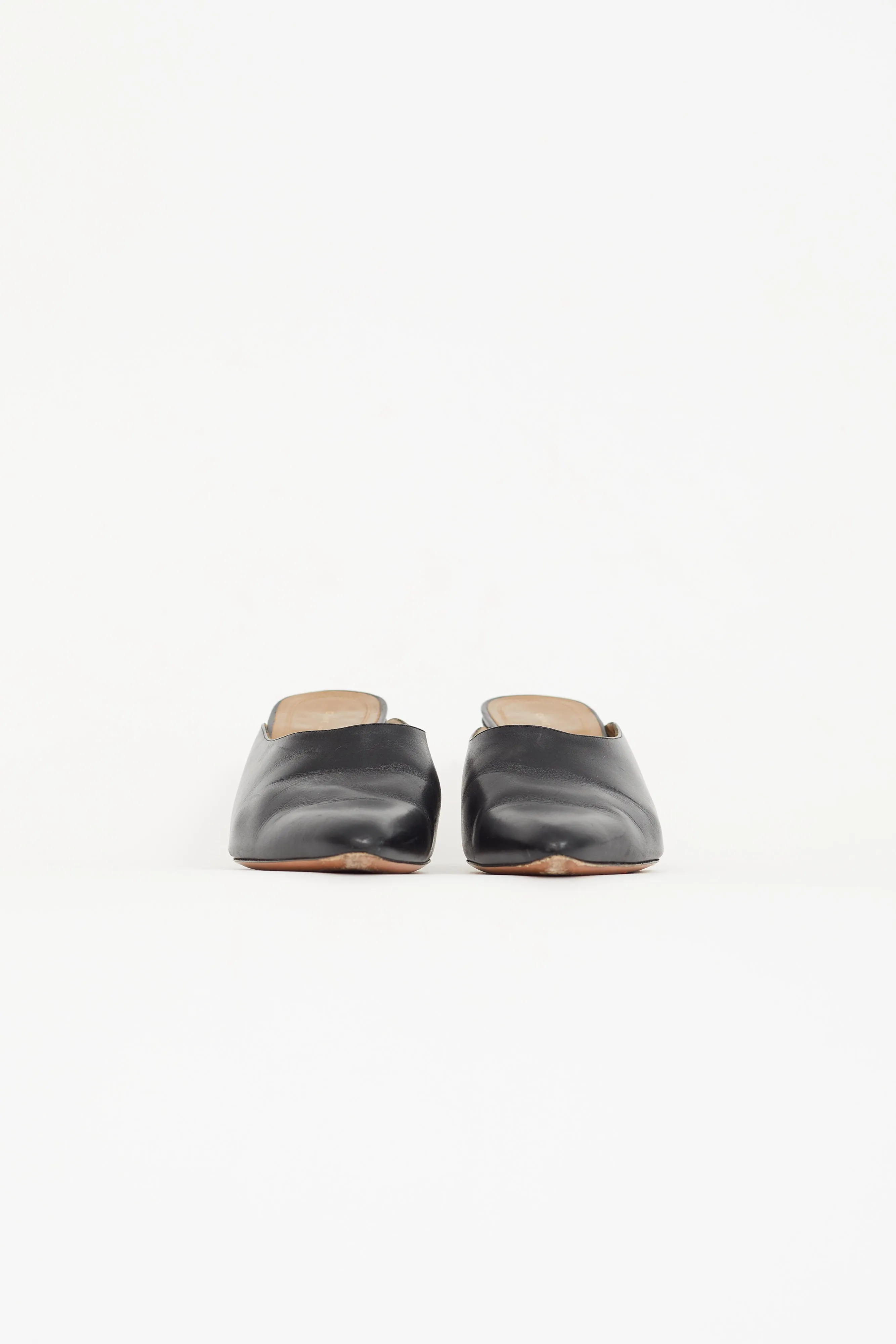 Black Leather Pointed Toe Heeled Mule