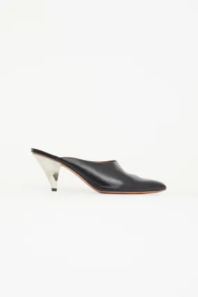 Black Leather Pointed Toe Heeled Mule