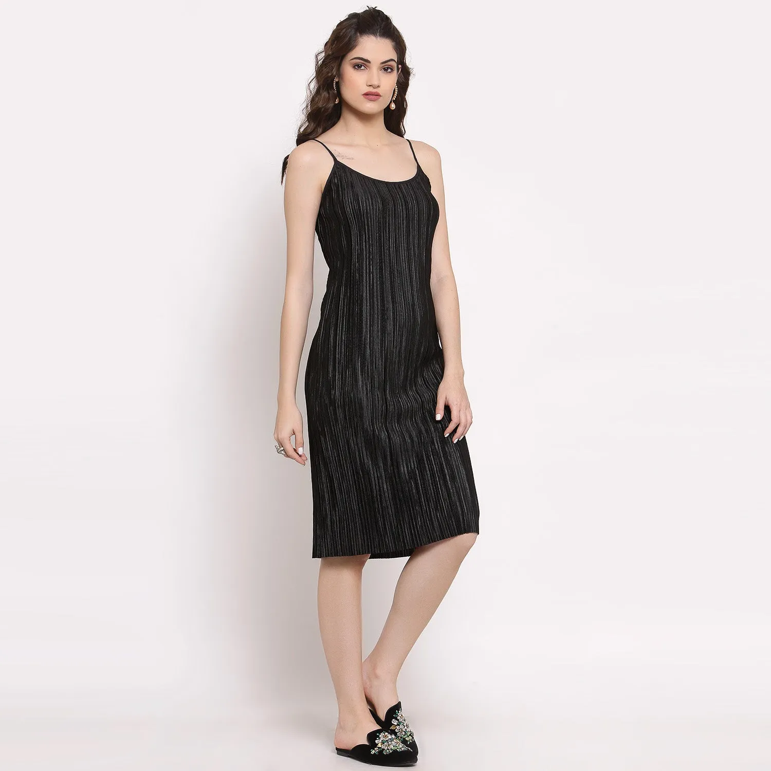Black Satin Plisse Fabric Spaghetti Dress