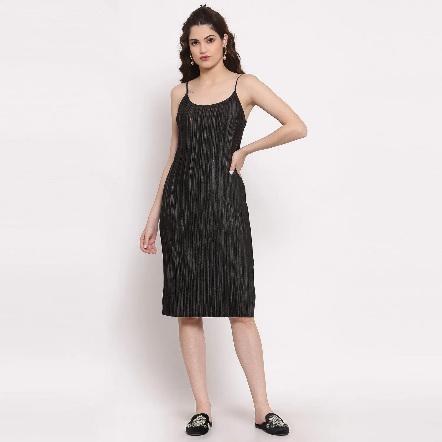 Black Satin Plisse Fabric Spaghetti Dress