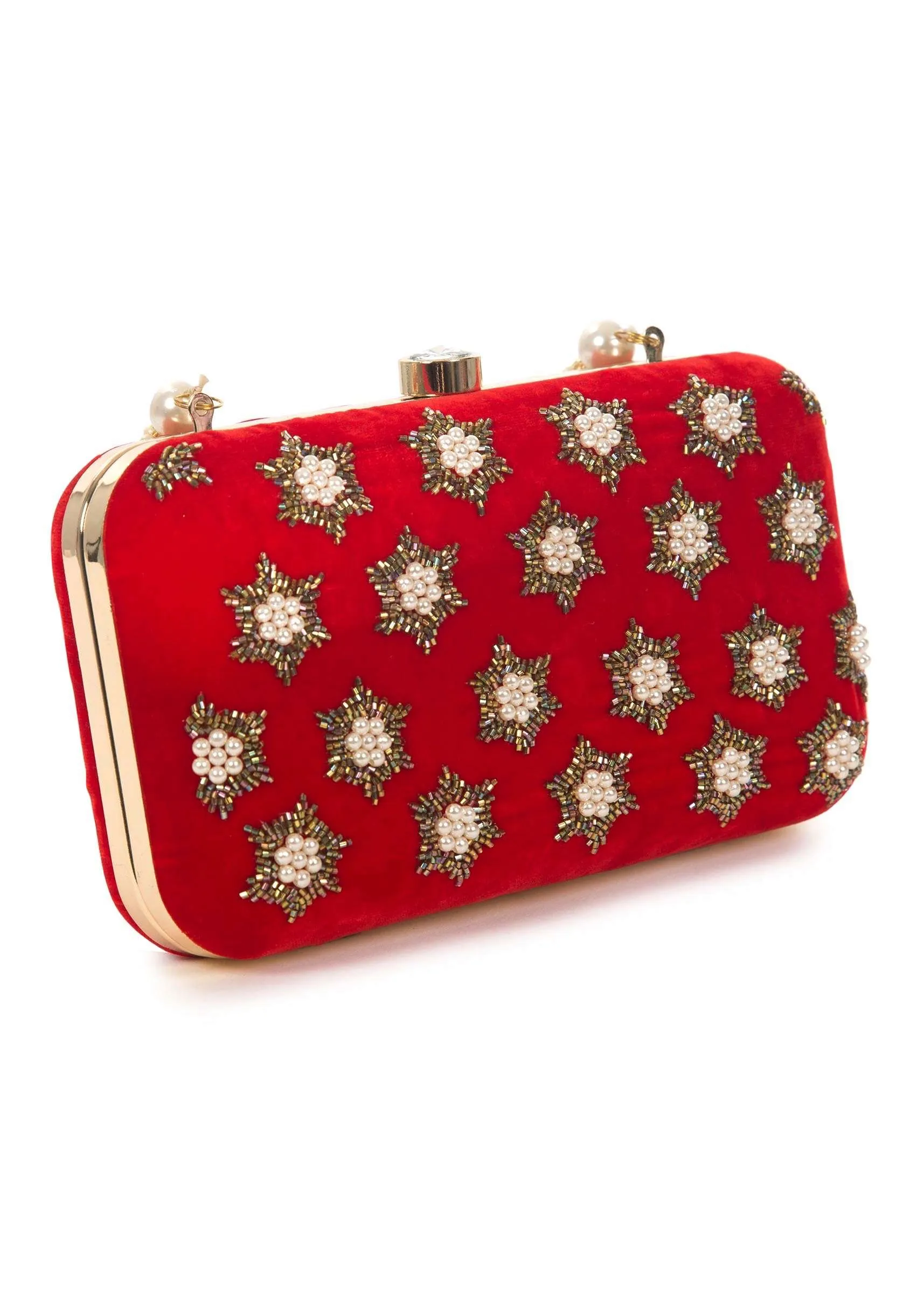 Blood red Net Flowers and Zardosi Work Box Clutch