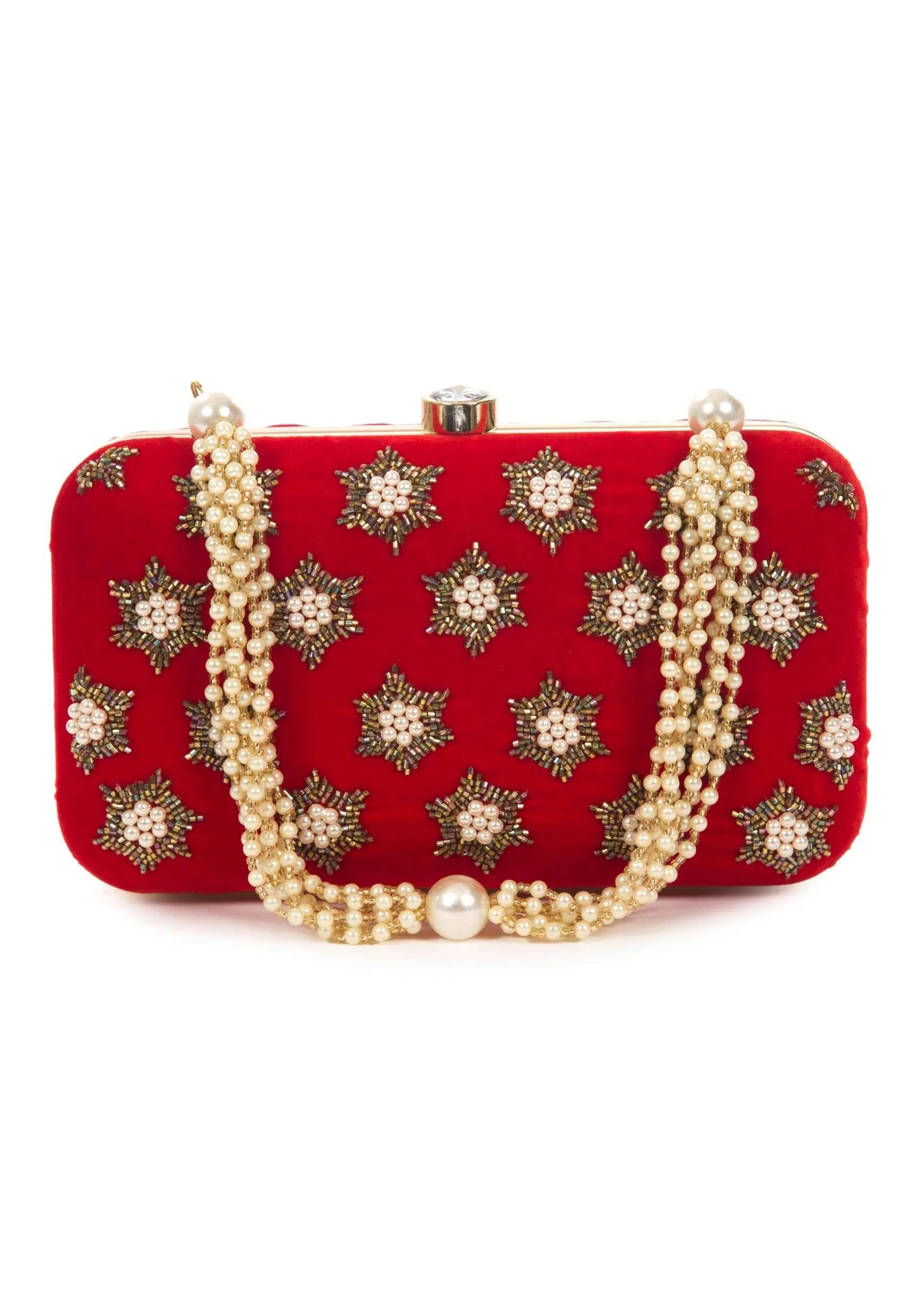Blood red Net Flowers and Zardosi Work Box Clutch