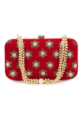 Blood red Net Flowers and Zardosi Work Box Clutch