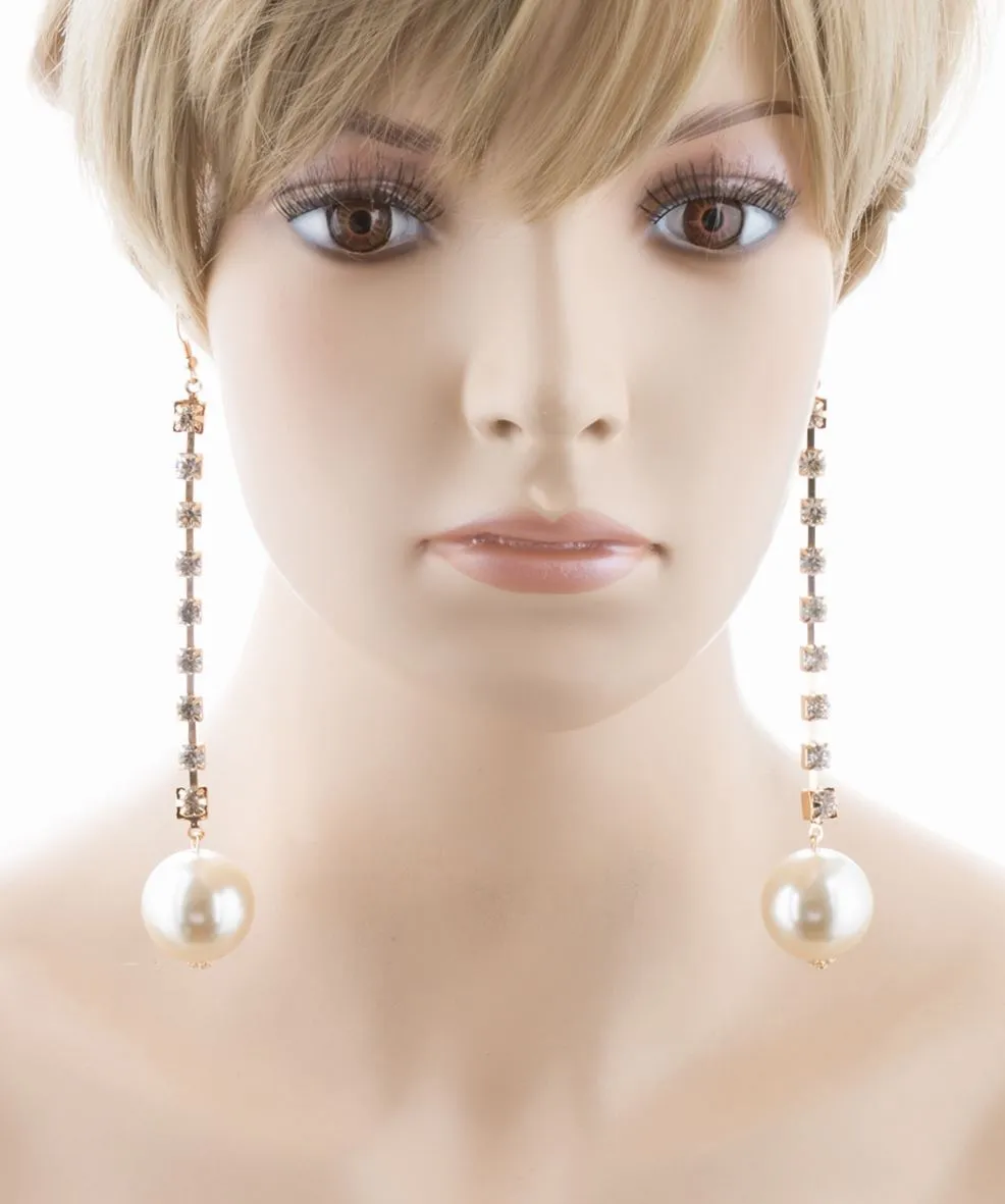 Bridal Wedding Jewelry Crystal Rhinestone Pearl Linear Drop Long Earrings Silver