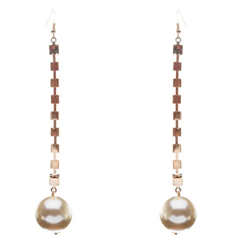 Bridal Wedding Jewelry Crystal Rhinestone Pearl Linear Drop Long Earrings Silver