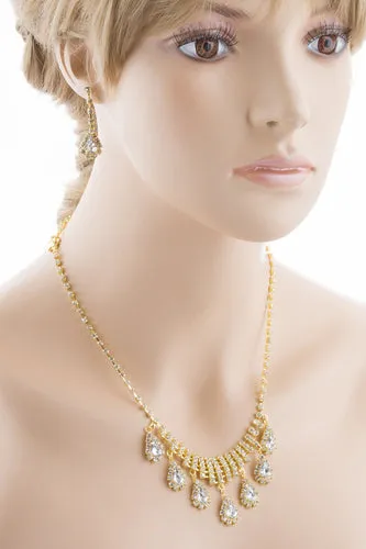 Bridal Wedding Jewelry Set Crystal Rhinestone Dangle Teardrop Necklace Gold J261