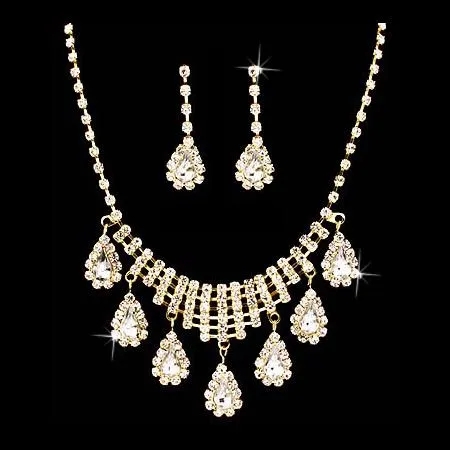 Bridal Wedding Jewelry Set Crystal Rhinestone Dangle Teardrop Necklace Gold J261