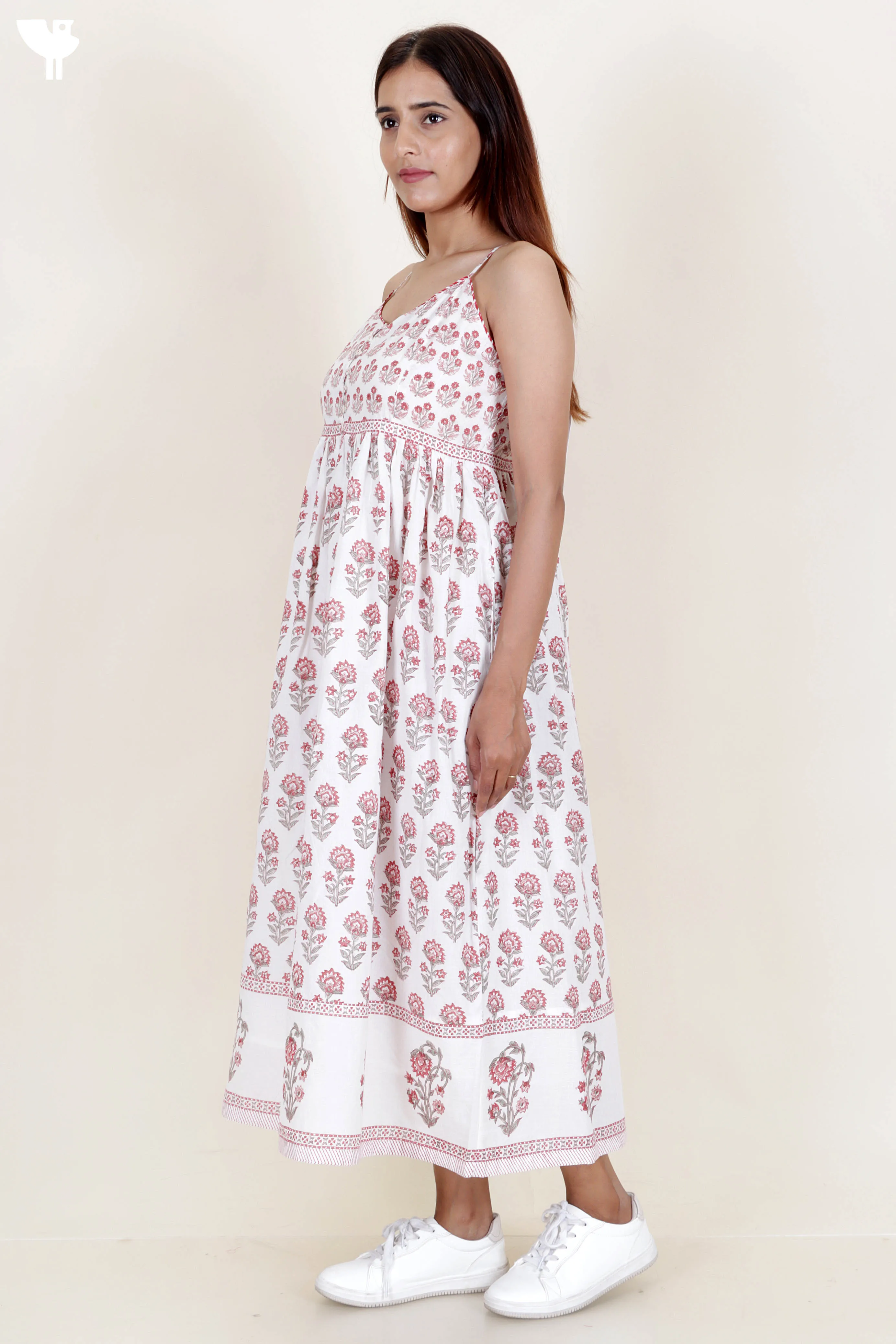 Cambric Cotton Strappy Dress With Block Print