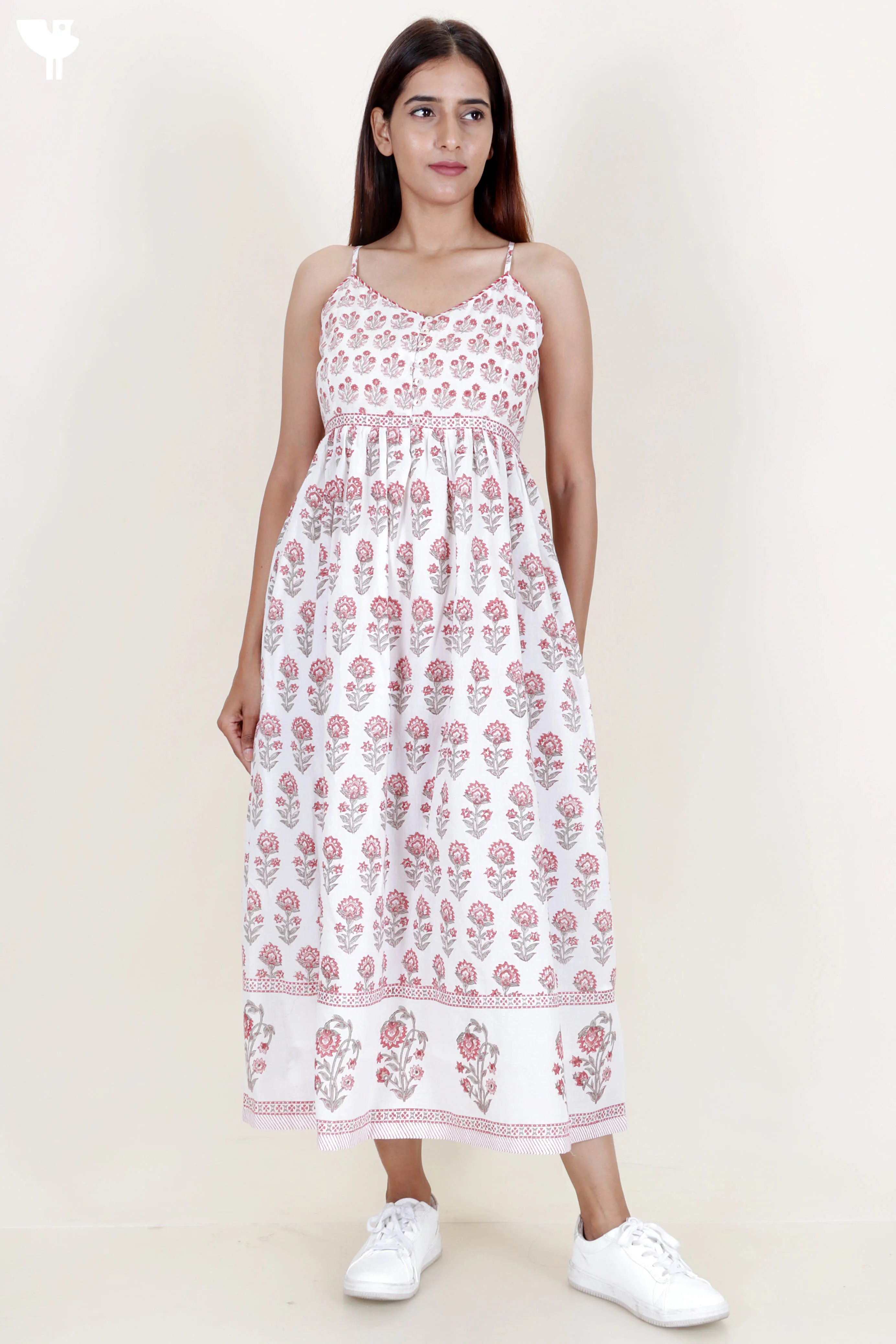 Cambric Cotton Strappy Dress With Block Print