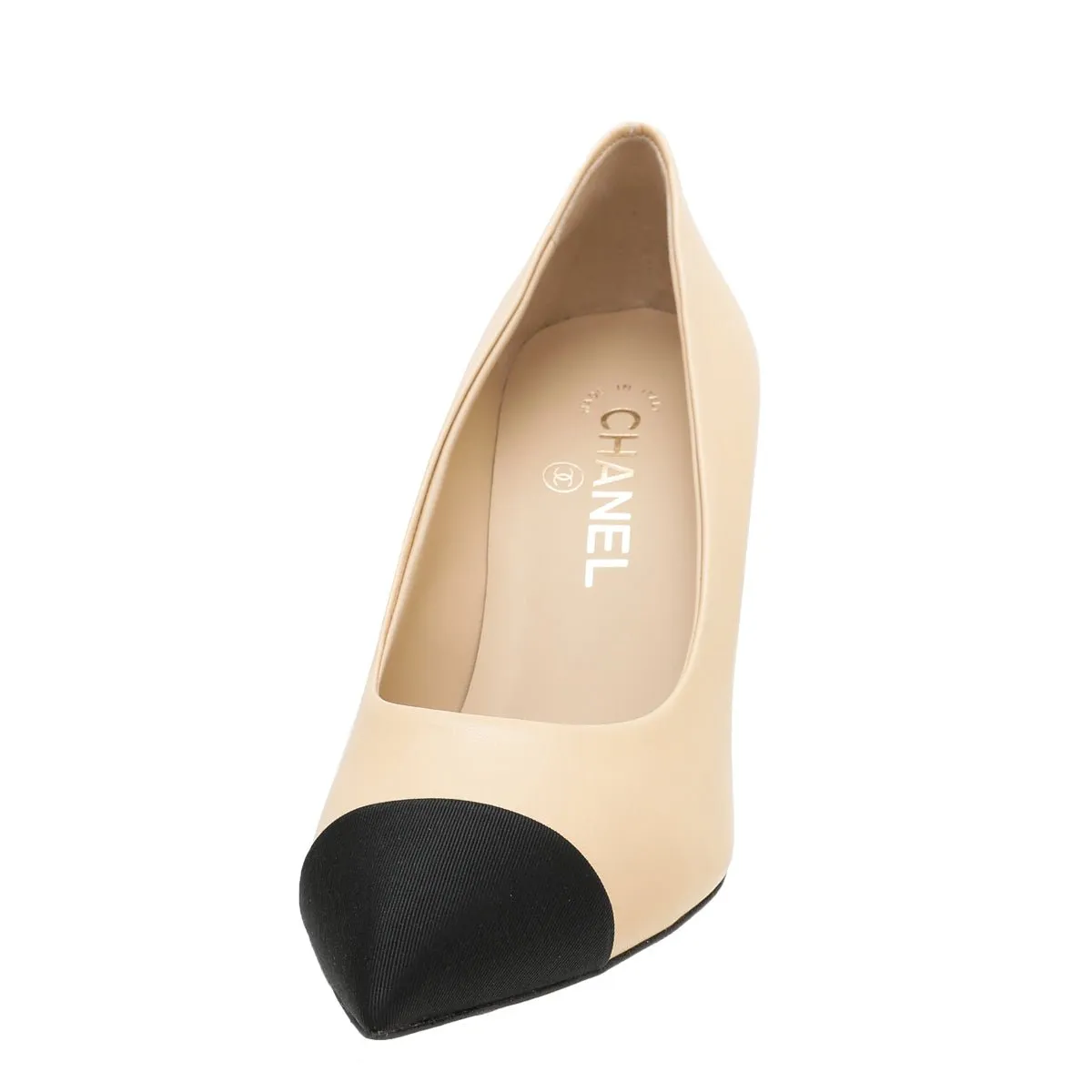 Chanel Bicolor Pearl Heel Pointed Pumps 38
