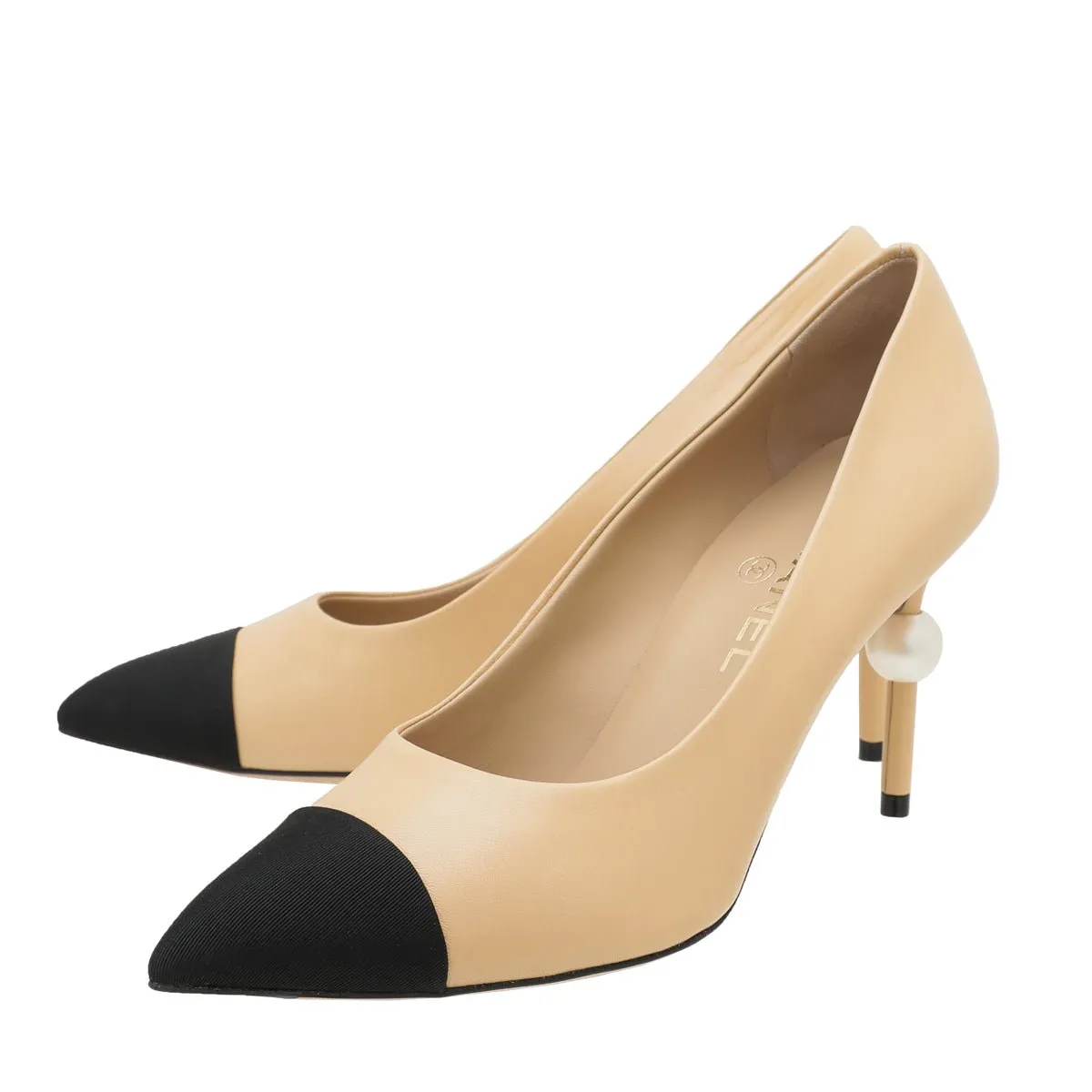 Chanel Bicolor Pearl Heel Pointed Pumps 38