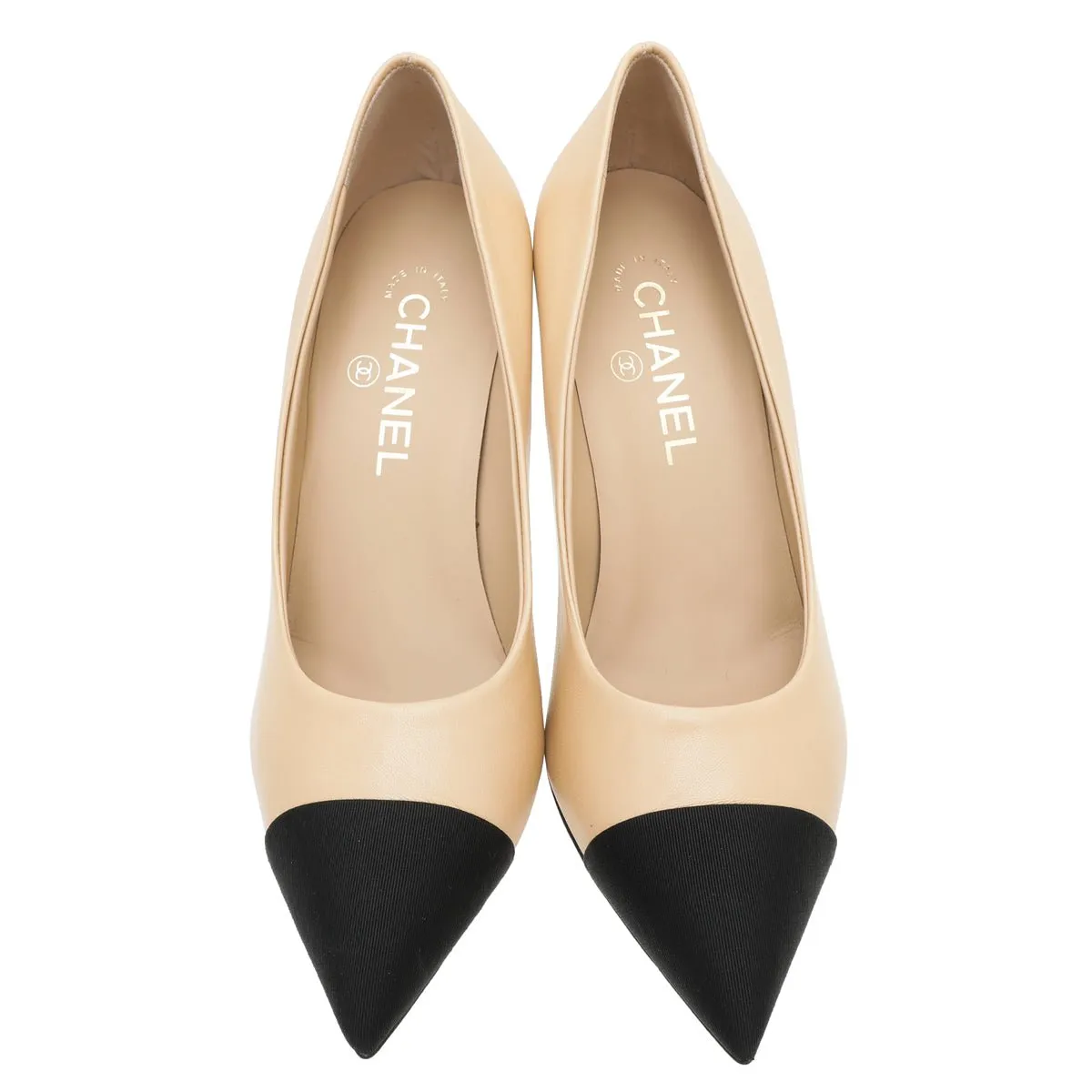 Chanel Bicolor Pearl Heel Pointed Pumps 38