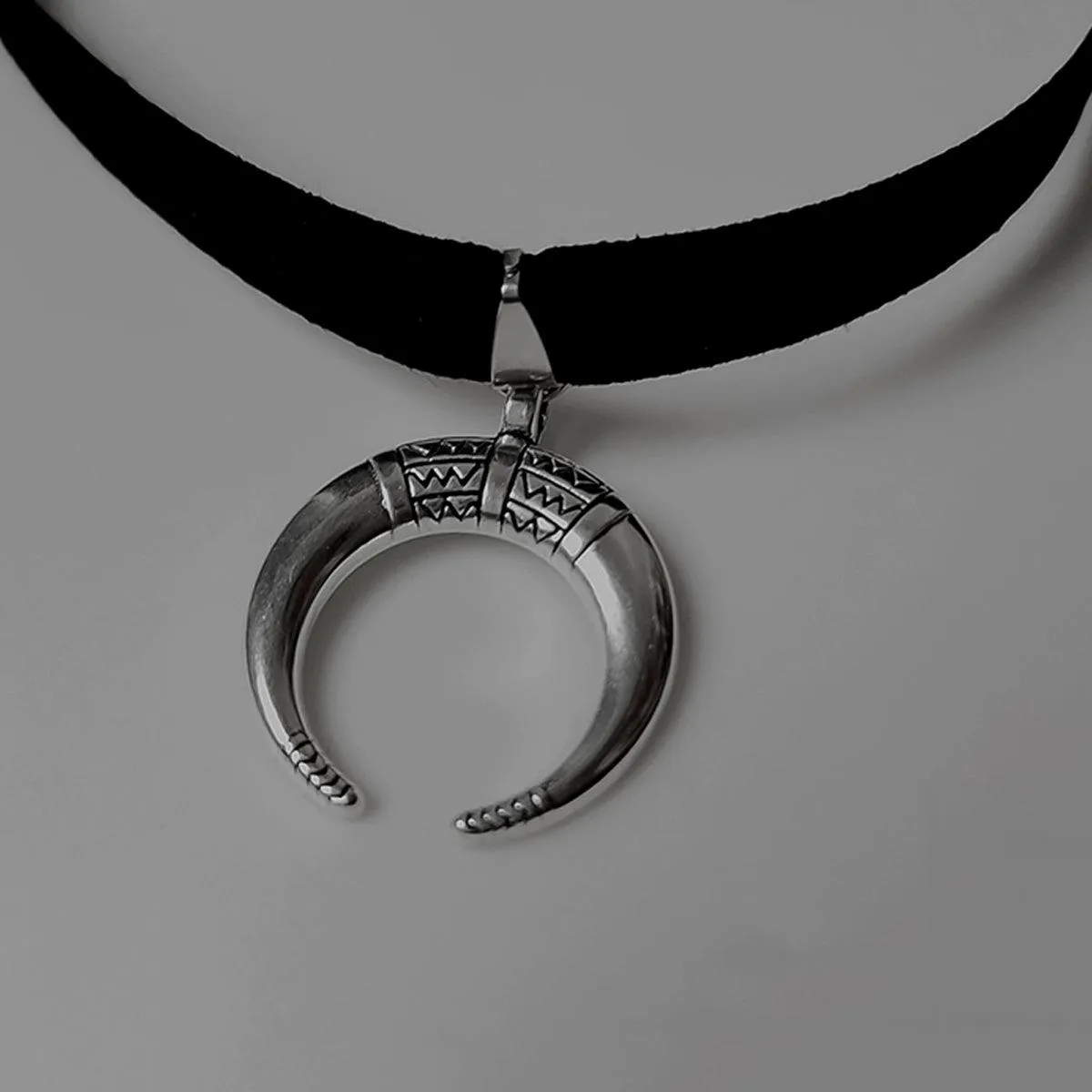 Crescent Moon Tribal Notching Choker Necklace
