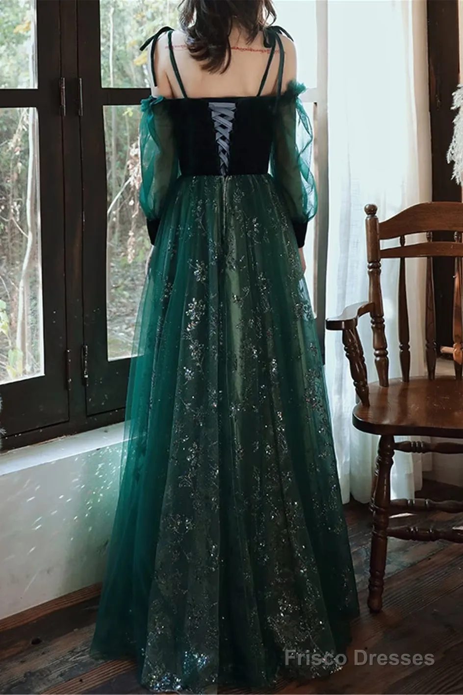 Dark Green Tulle Stunning Sequin Spaghetti Straps Prom Dress, Green Party Dress
