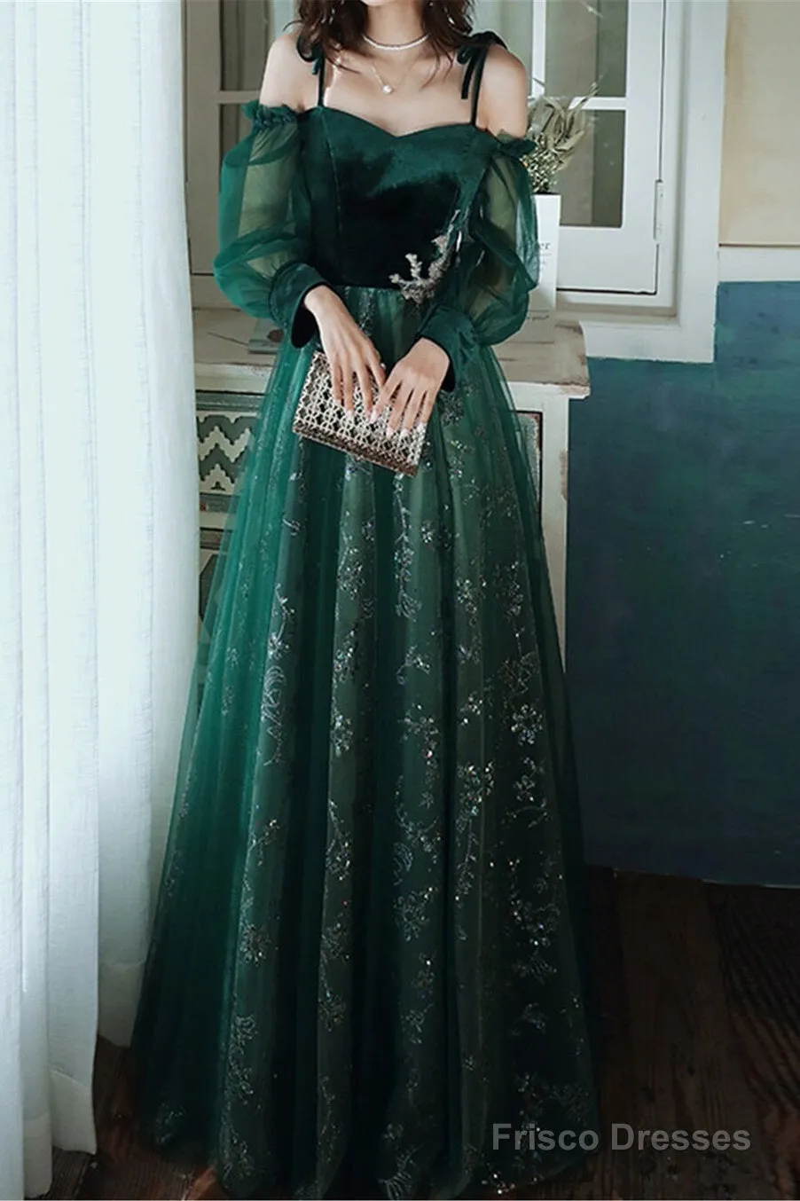 Dark Green Tulle Stunning Sequin Spaghetti Straps Prom Dress, Green Party Dress