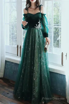 Dark Green Tulle Stunning Sequin Spaghetti Straps Prom Dress, Green Party Dress