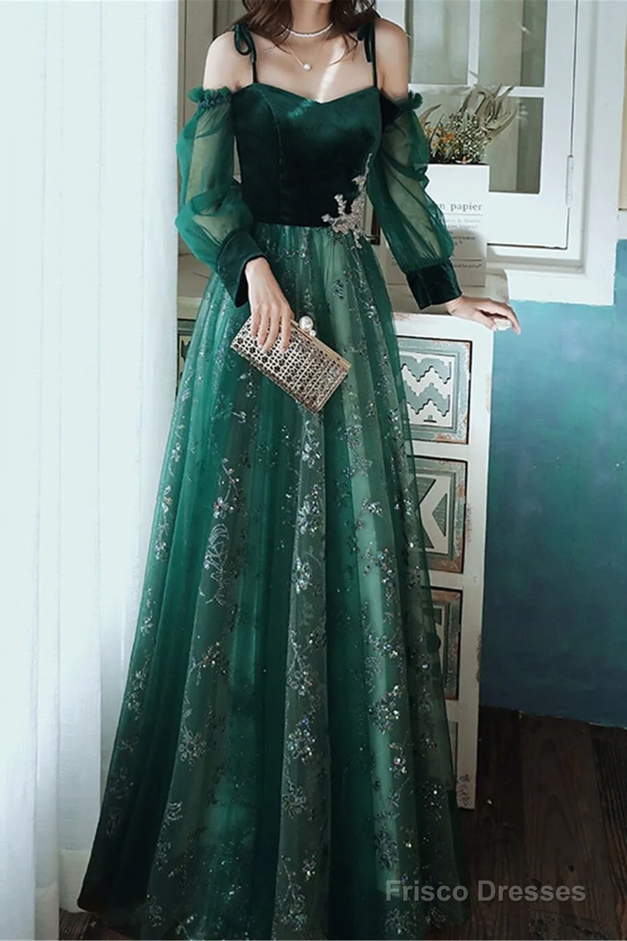 Dark Green Tulle Stunning Sequin Spaghetti Straps Prom Dress, Green Party Dress