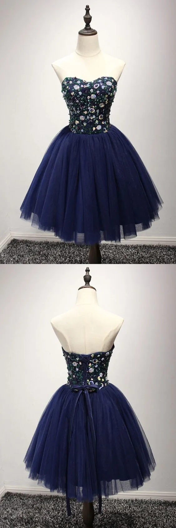 Dark Navy Blue Short Dress With Sequin Bodice For Juniors Homecoming Dresses