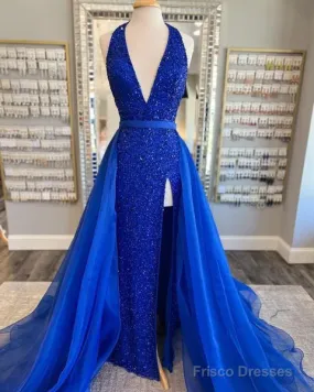 Deep V Neck Royal Blue Sequin Prom Dresses Mermaid With Tulle Train