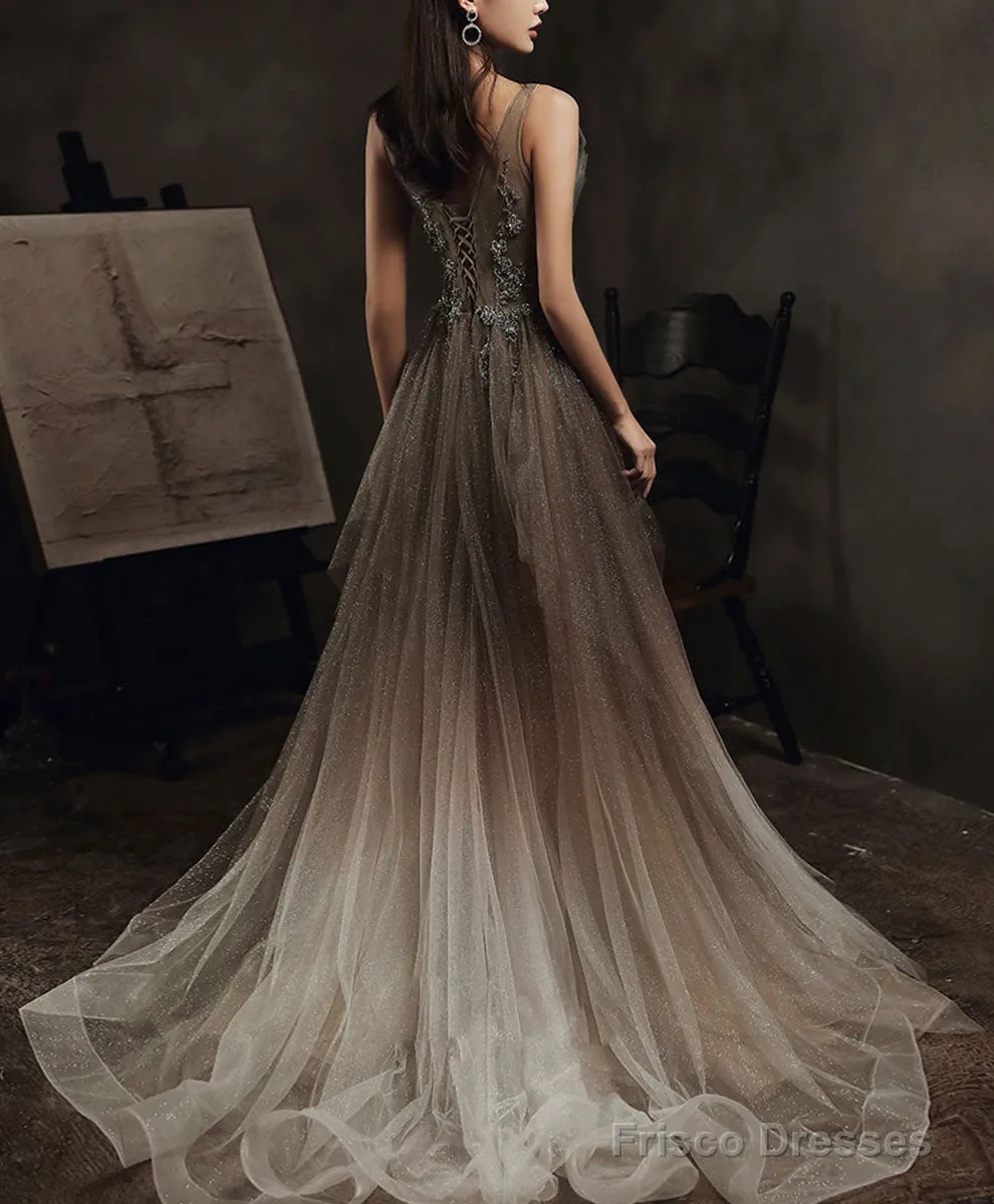 Elegant V Neck Tulle Sequin Long Prom Dress Tulle Formal Dress