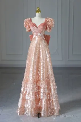 Fairy A Line Short Sleeves Sequin Long Prom Dress