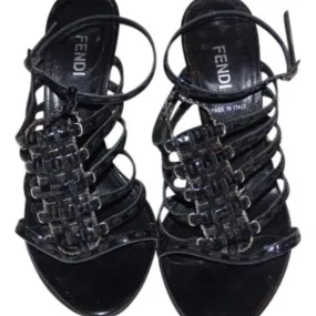 Fendi Black Textured Leather Strappy Pump with Silver Hardware