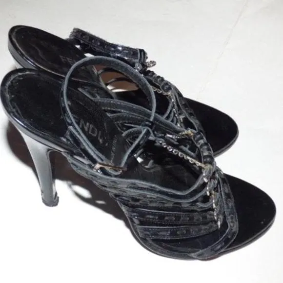 Fendi Black Textured Leather Strappy Pump with Silver Hardware