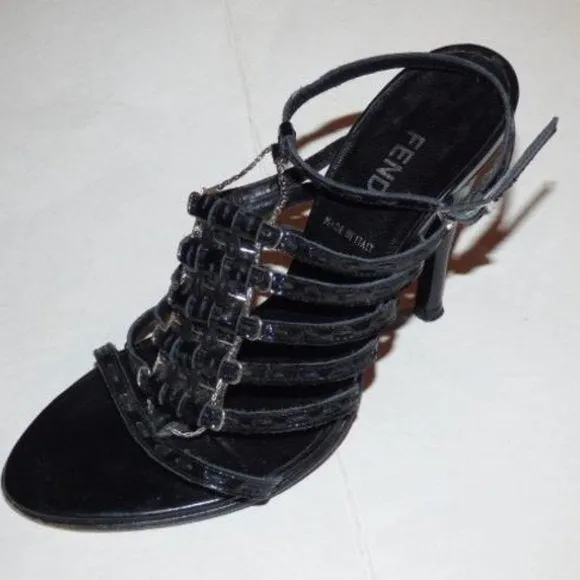 Fendi Black Textured Leather Strappy Pump with Silver Hardware
