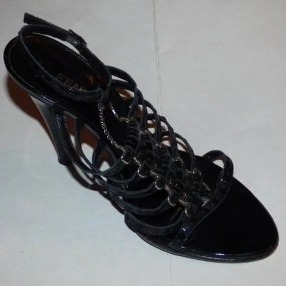 Fendi Black Textured Leather Strappy Pump with Silver Hardware
