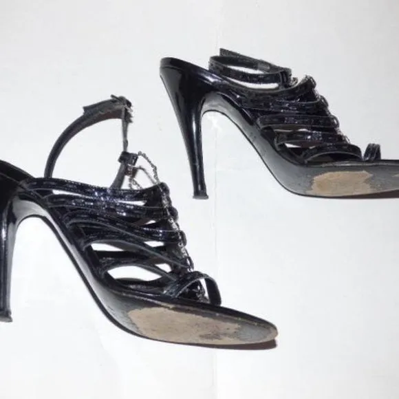 Fendi Black Textured Leather Strappy Pump with Silver Hardware