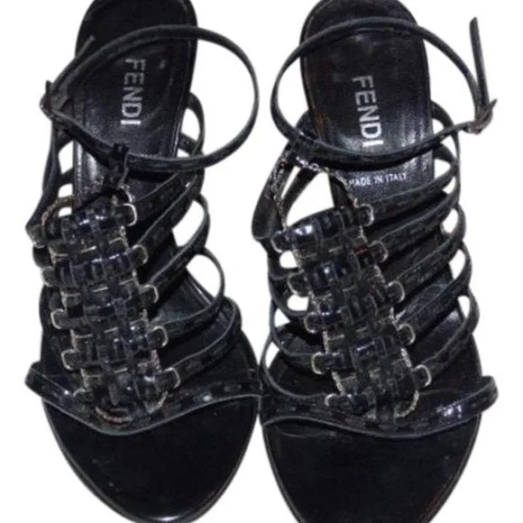 Fendi Black Textured Leather Strappy Pump with Silver Hardware