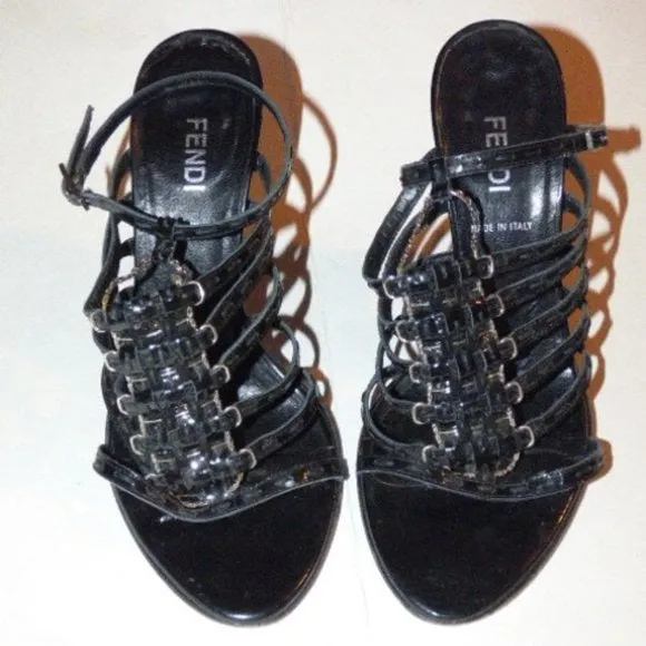 Fendi Black Textured Leather Strappy Pump with Silver Hardware