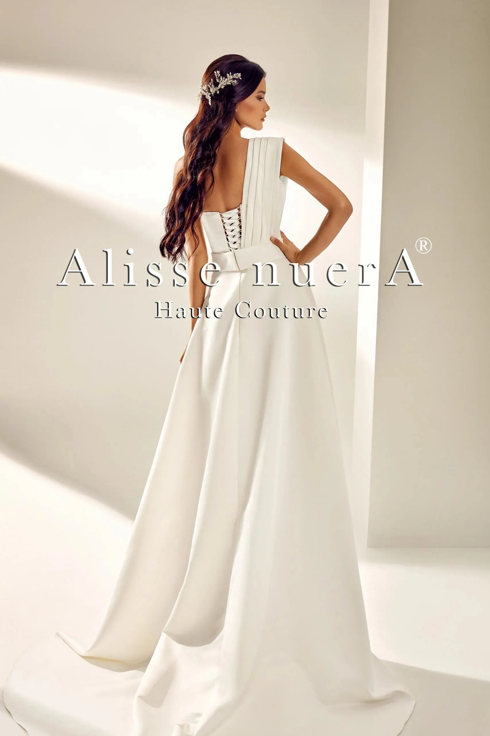 One Shoulder Draped Off White Satin Grecian Bridal Dress