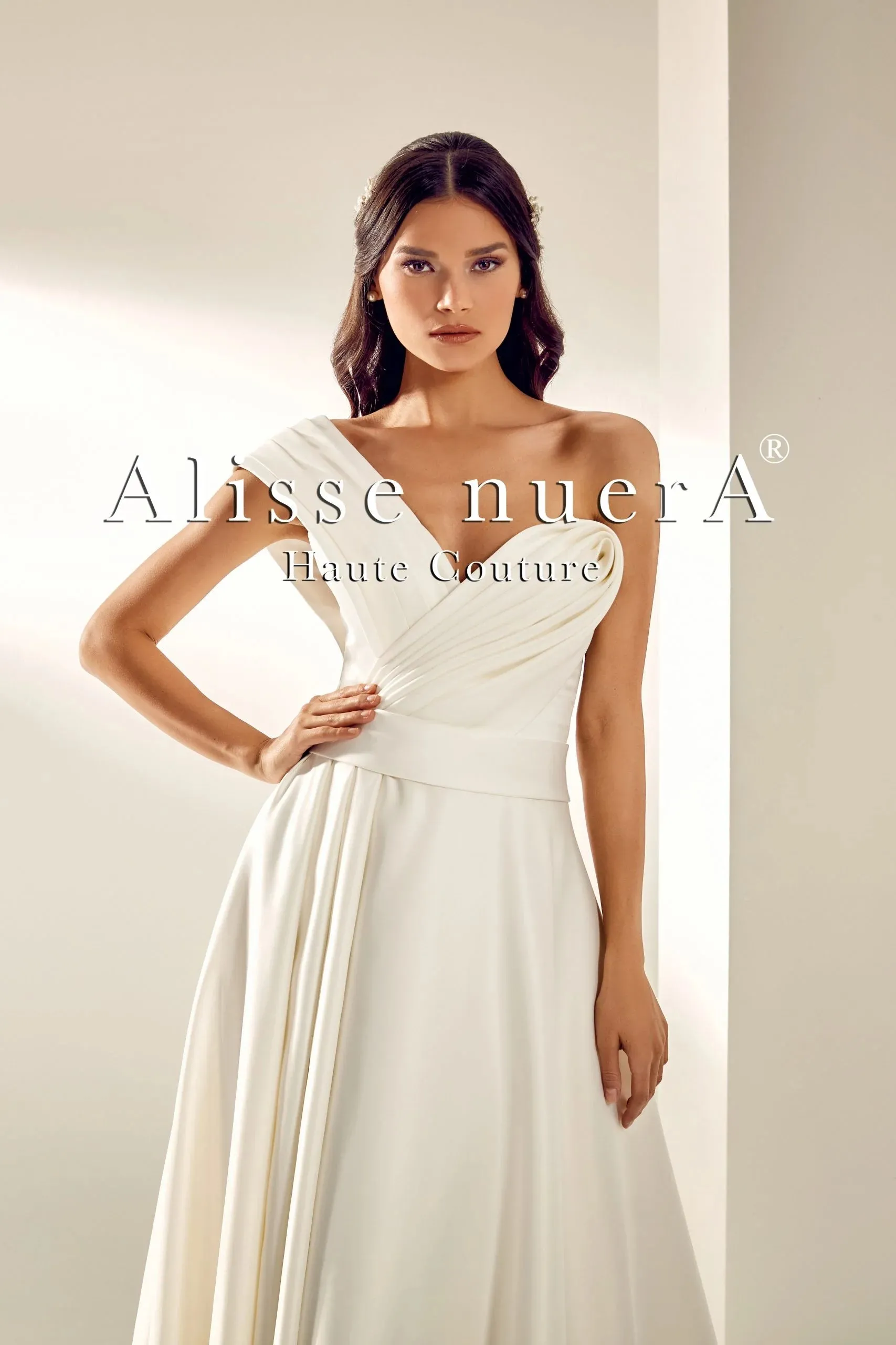 One Shoulder Draped Off White Satin Grecian Bridal Dress