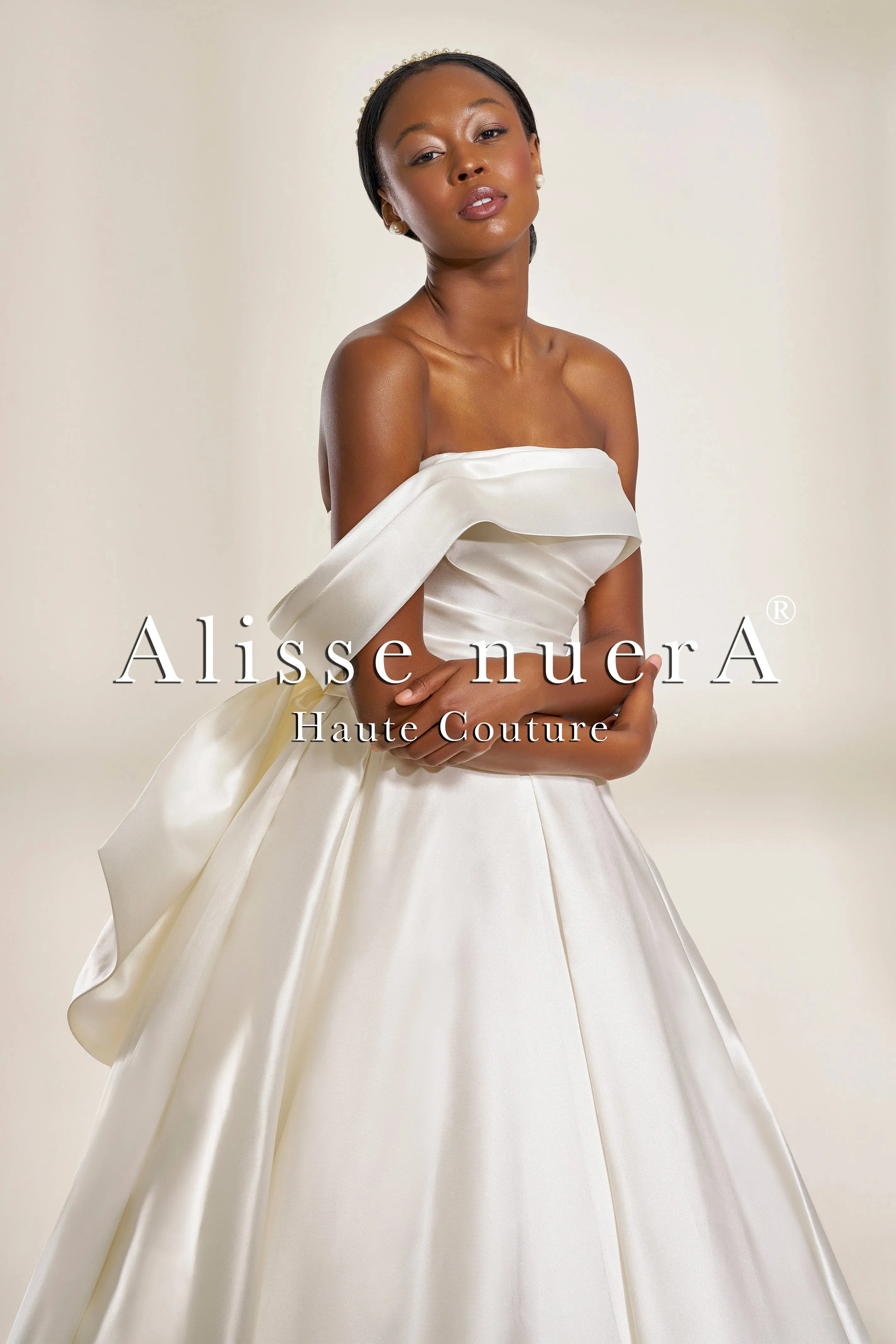 One Shoulder Off the Shoulder Ziberline Wedding Dress with Bow Back Detail