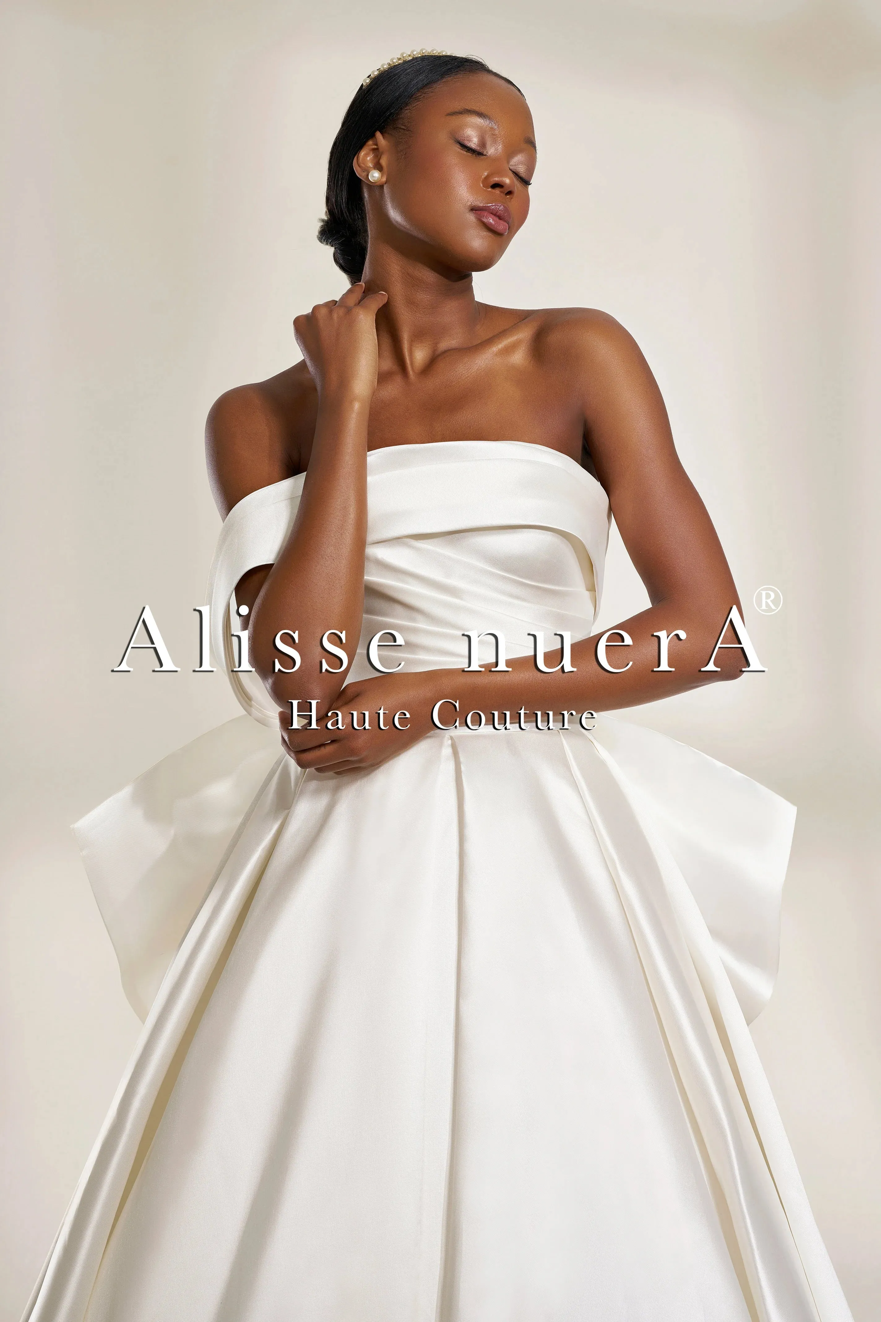 One Shoulder Off the Shoulder Ziberline Wedding Dress with Bow Back Detail