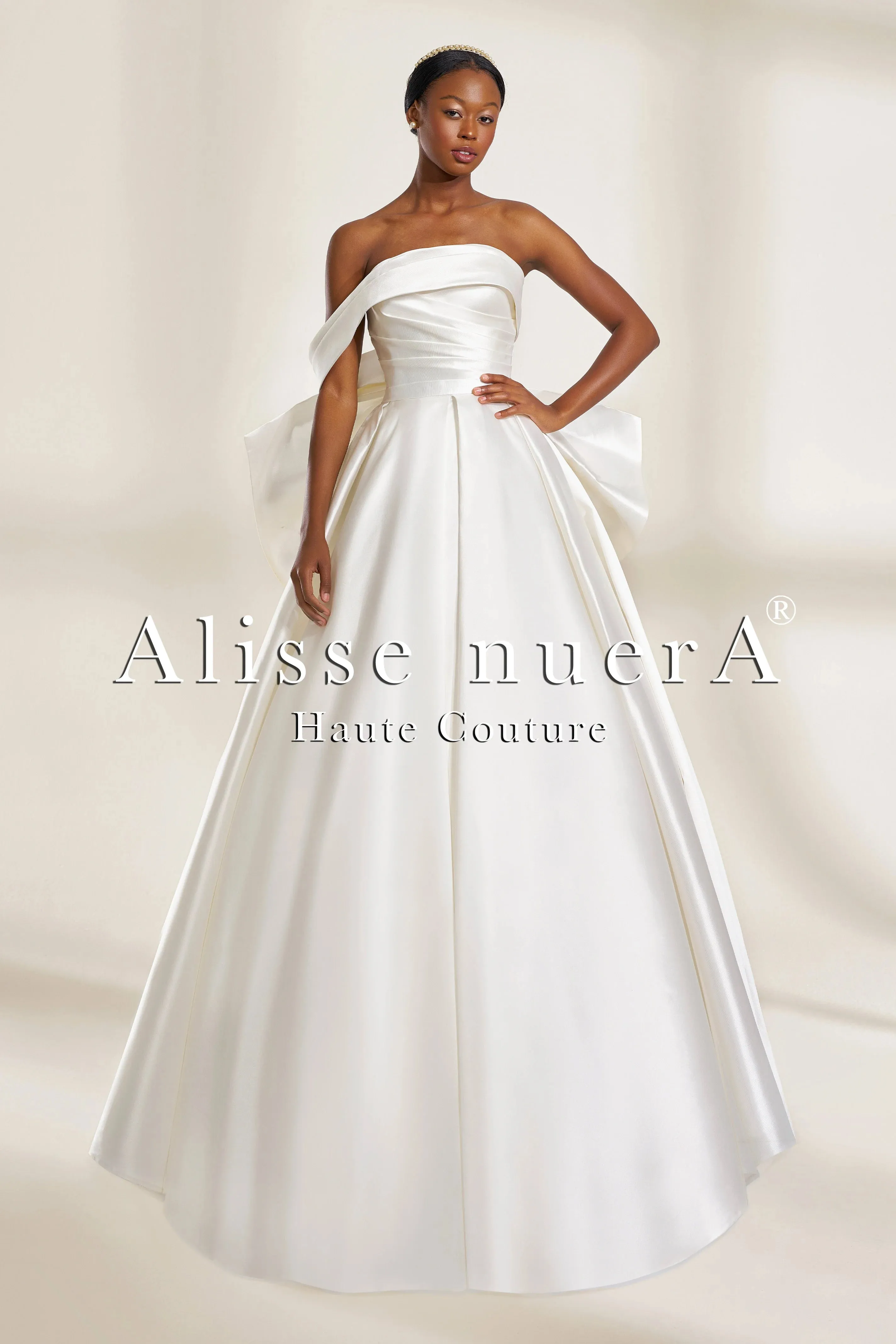 One Shoulder Off the Shoulder Ziberline Wedding Dress with Bow Back Detail