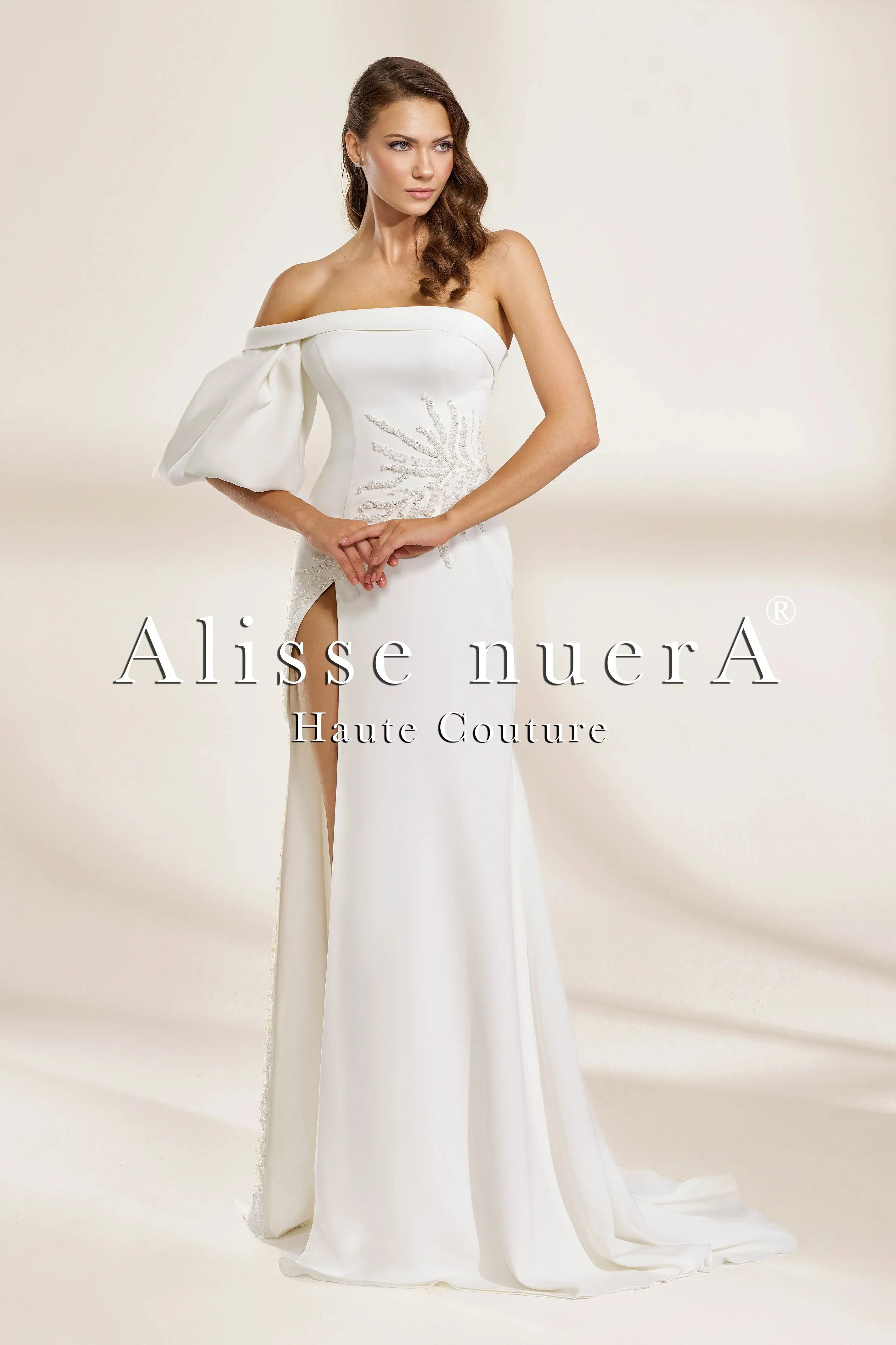 One-Shoulder Satin Wedding Dress with Thigh-High Slit and Draped Sleeve
