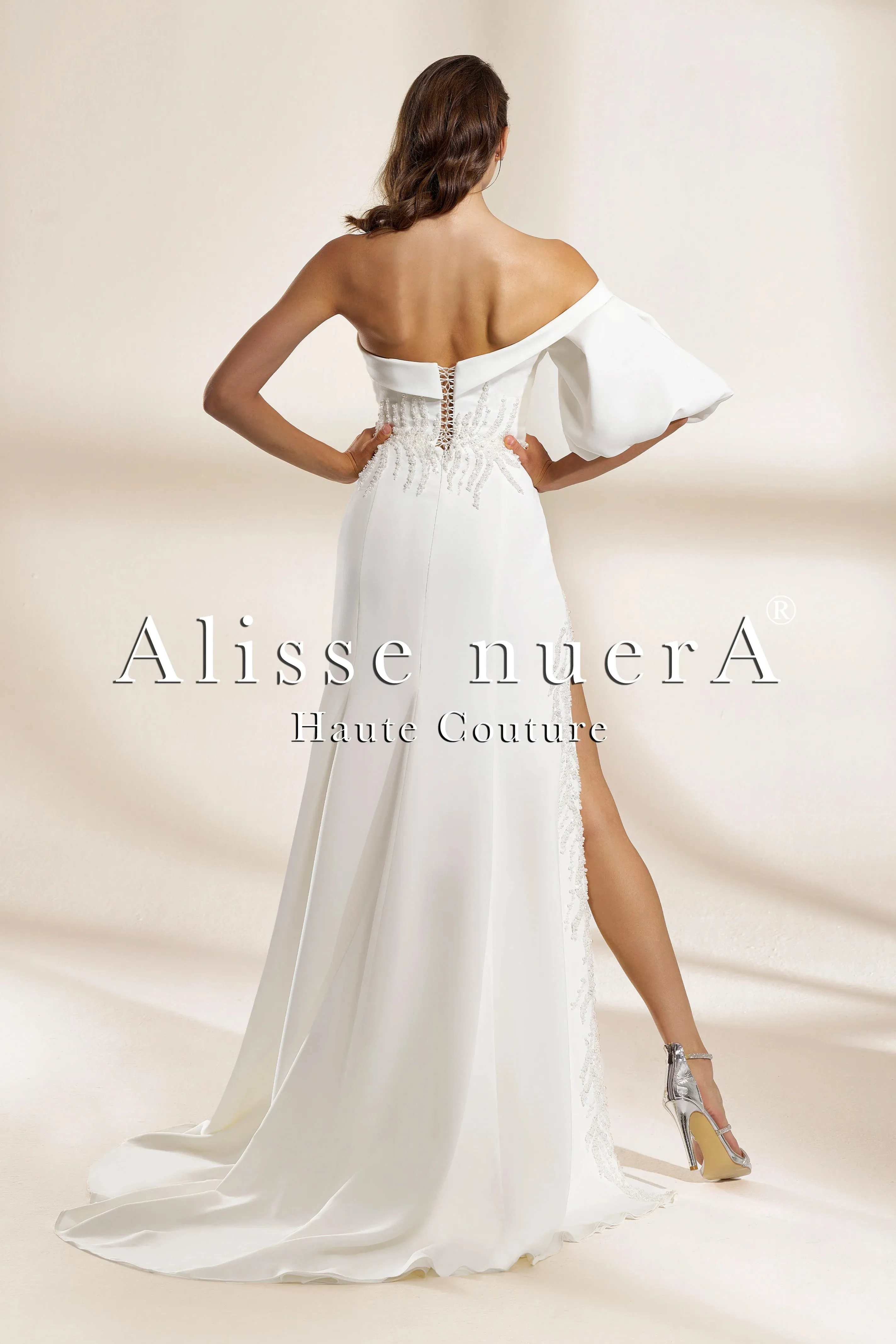 One-Shoulder Satin Wedding Dress with Thigh-High Slit and Draped Sleeve
