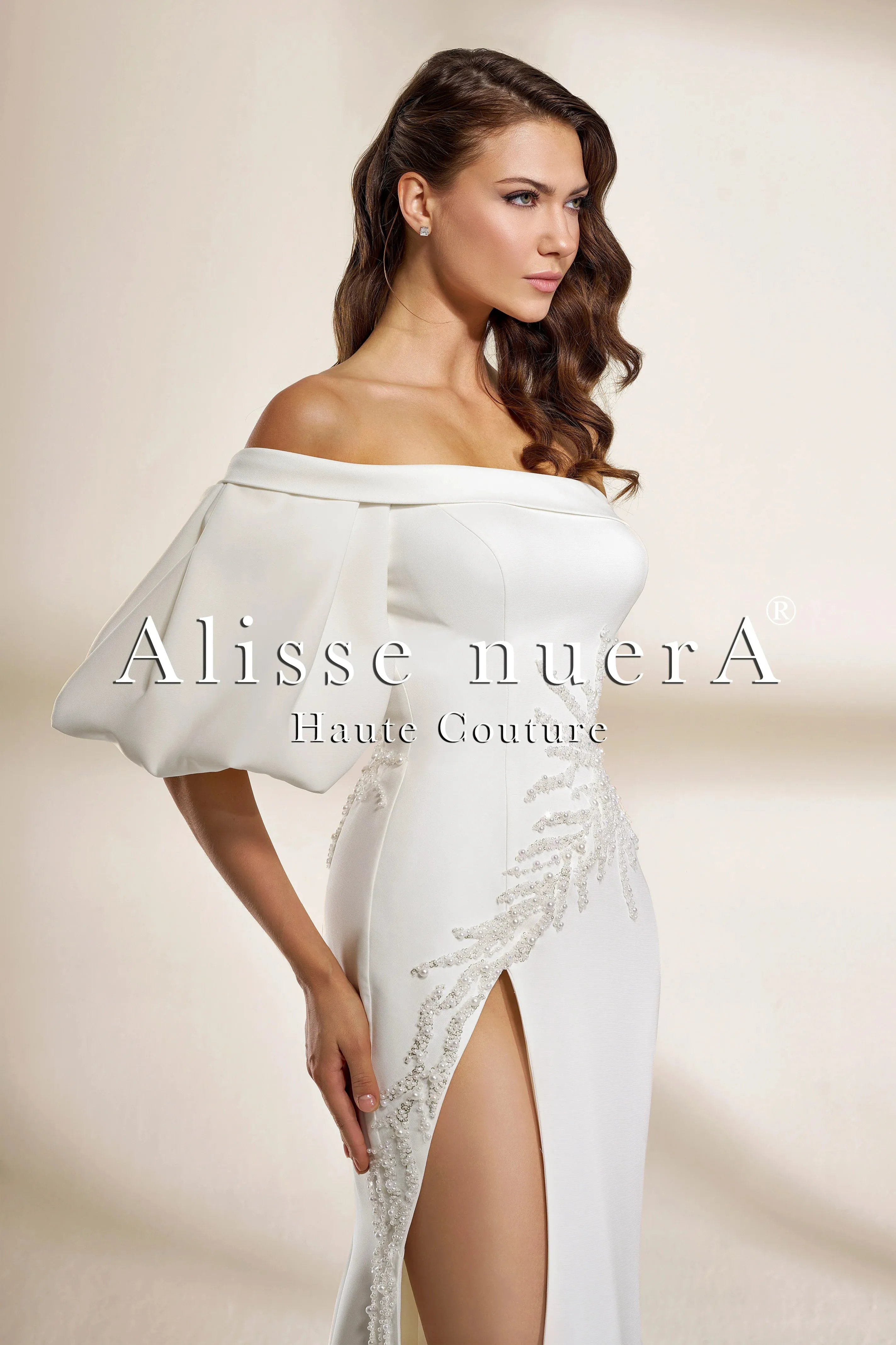 One-Shoulder Satin Wedding Dress with Thigh-High Slit and Draped Sleeve